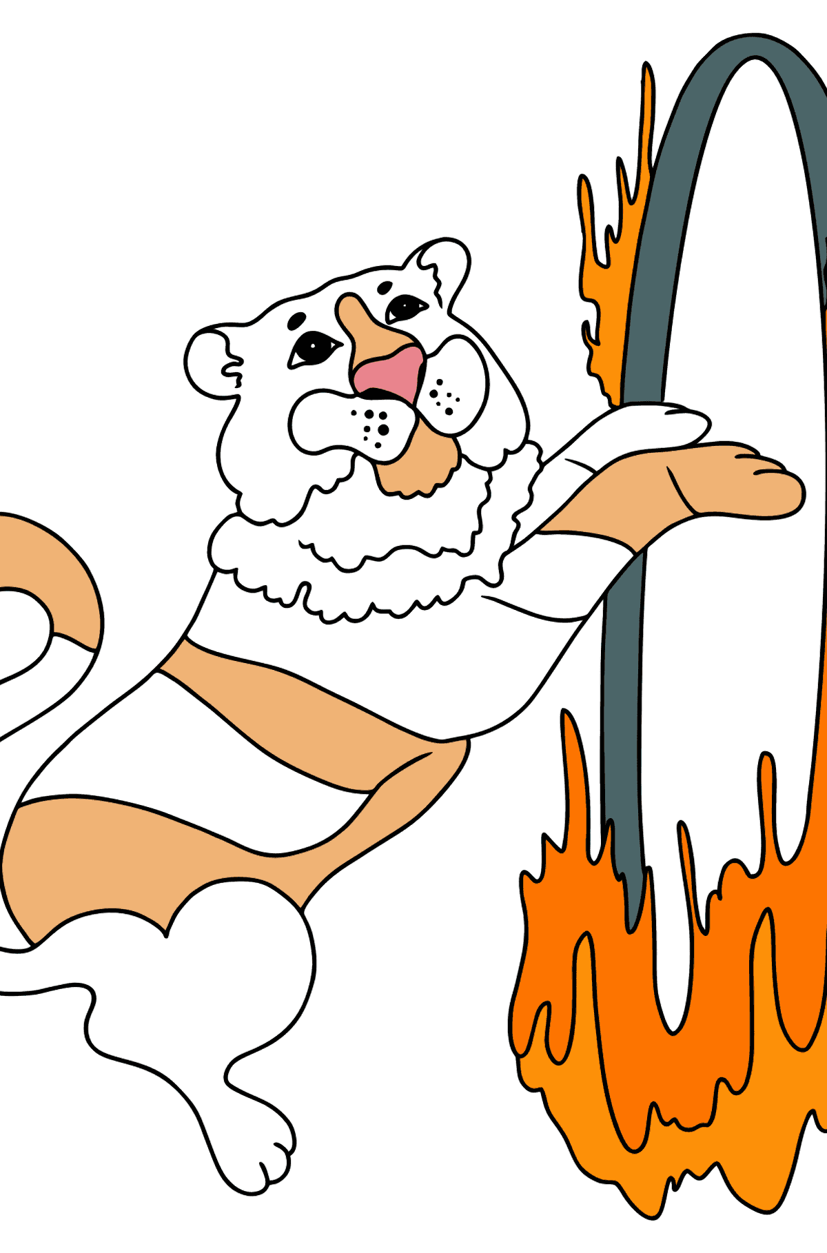 Coloring Page - A Tiger is Jumping Through a Ring of Fire - Coloring Pages for Kids