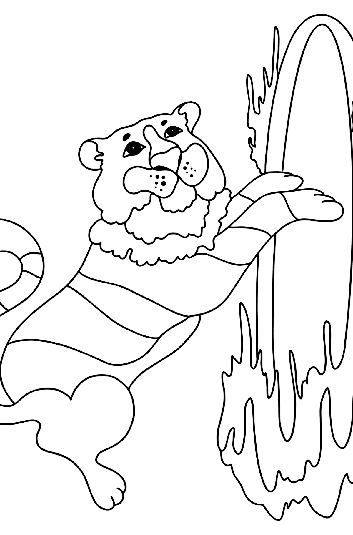 Coloring Page - A Tiger is Jumping Through Fire in a Circus - Coloring Pages for Kids