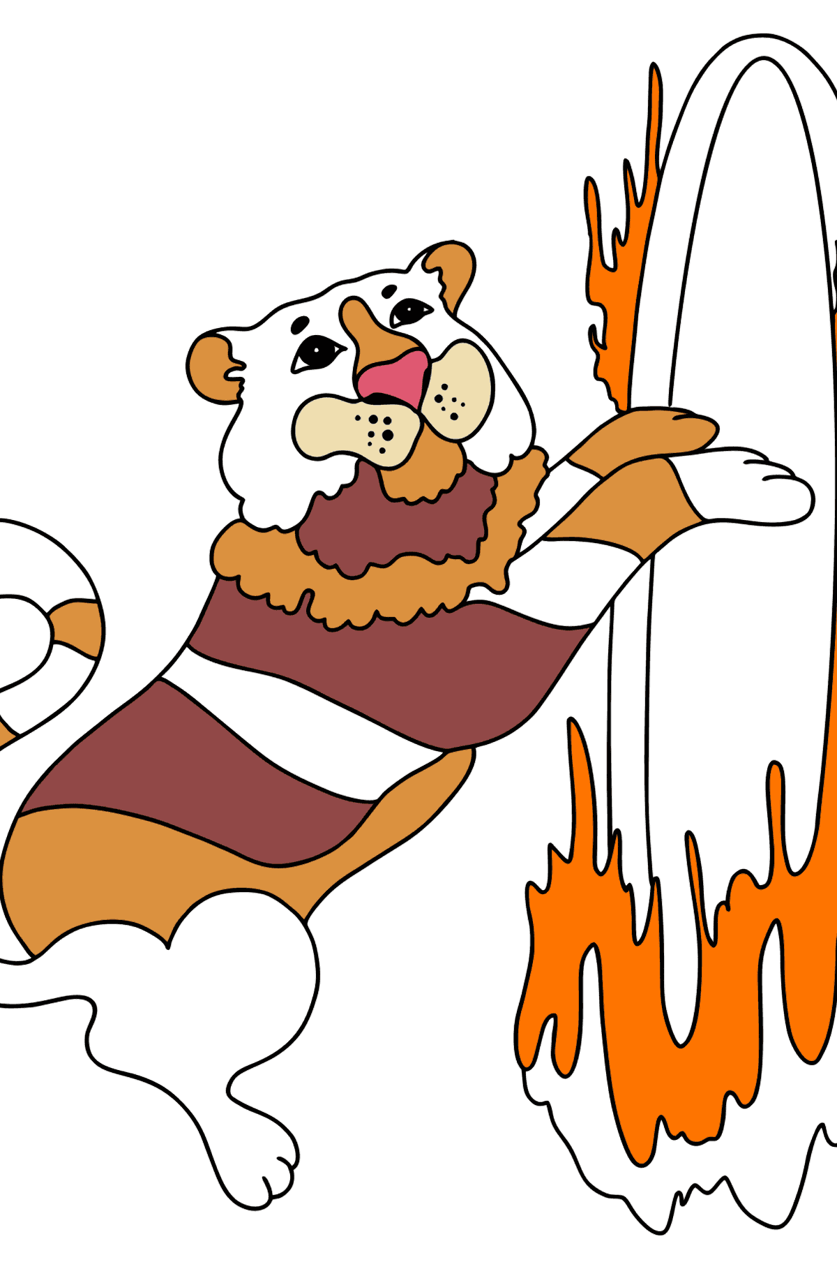 Coloring Page - A Tiger is Jumping Through Fire in a Circus - Coloring Pages for Kids