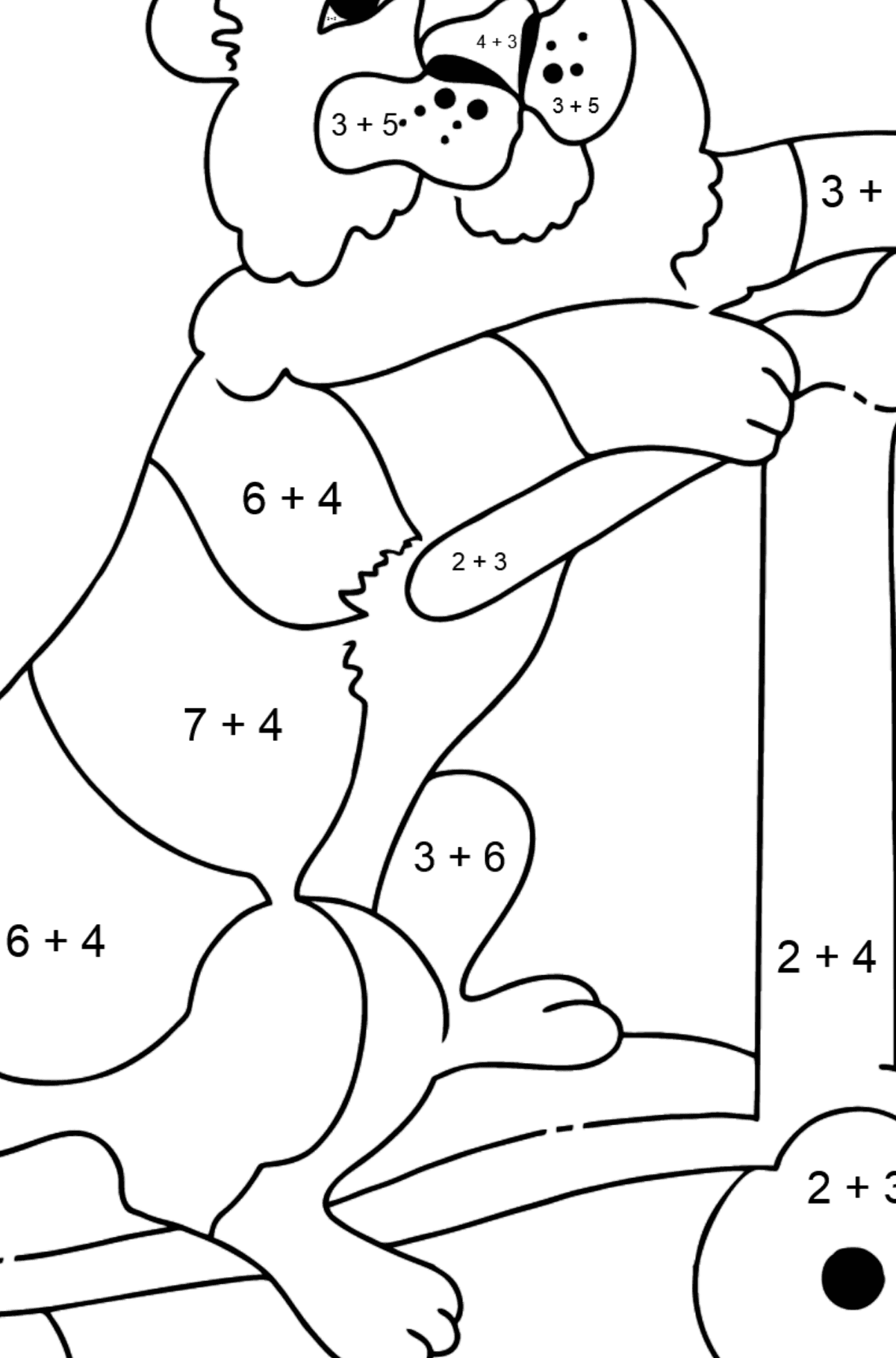 Coloring Page - A Tiger is Learning to Ride a Scooter - Math Coloring - Addition for Kids