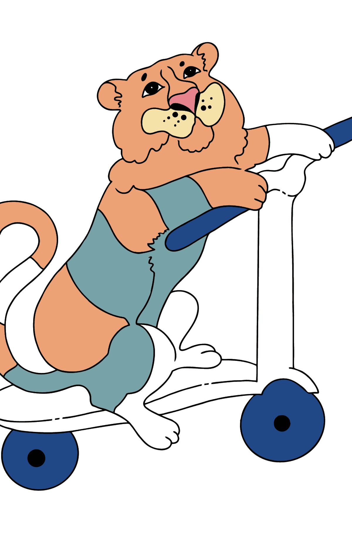 Ausmalbild - Ein Tiger lernt Roller fahren - Malvorlagen für Kinder