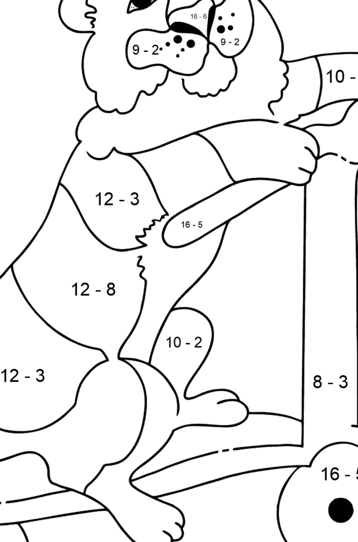 Disegno da colorare di Tigre dispettosa - Colorazione matematica - Sottrazione per bambini