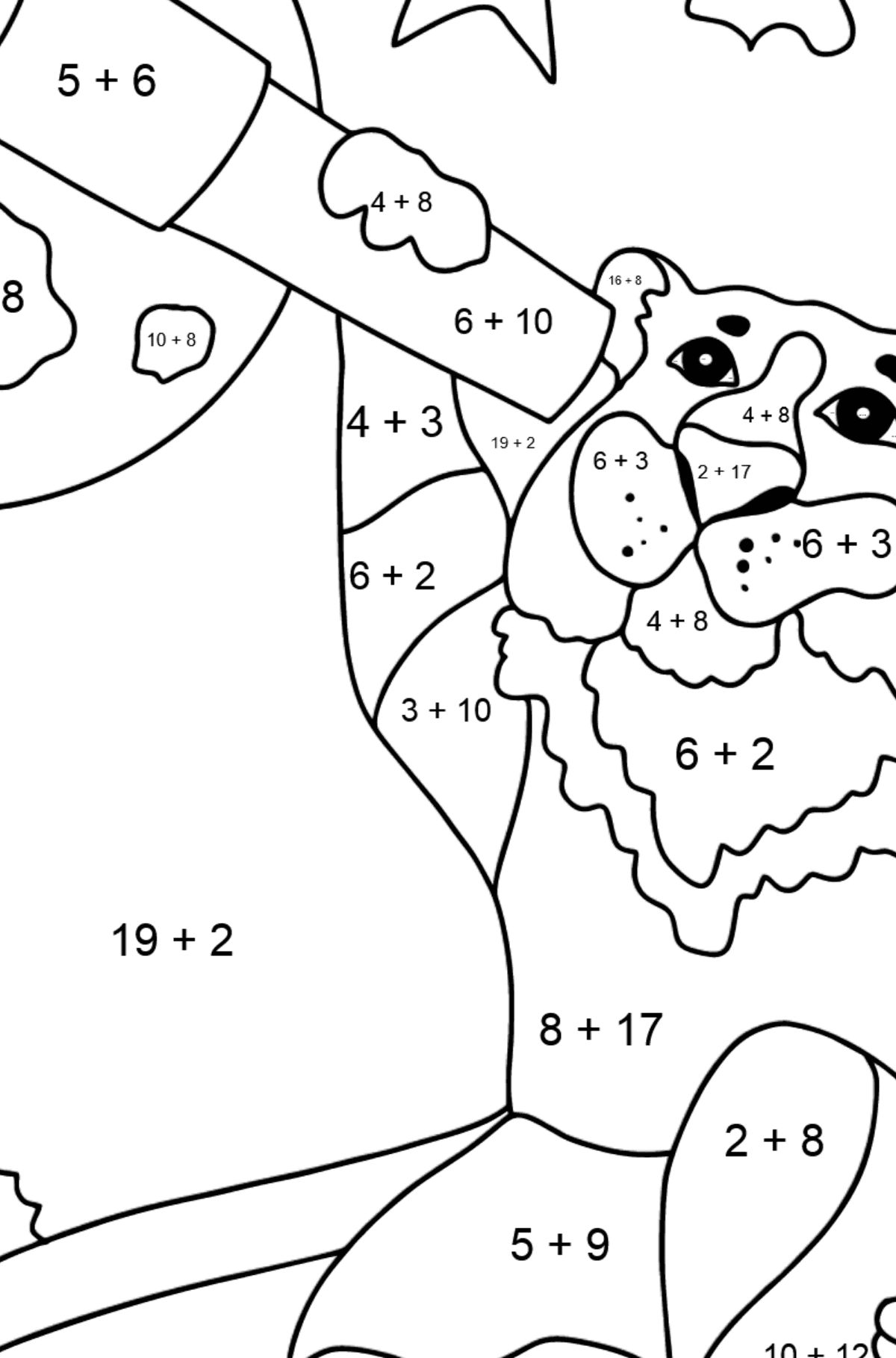 Kifestő kíváncsi tigris (bonyolult) - Matematikai színezés - összeadás gyerekeknek