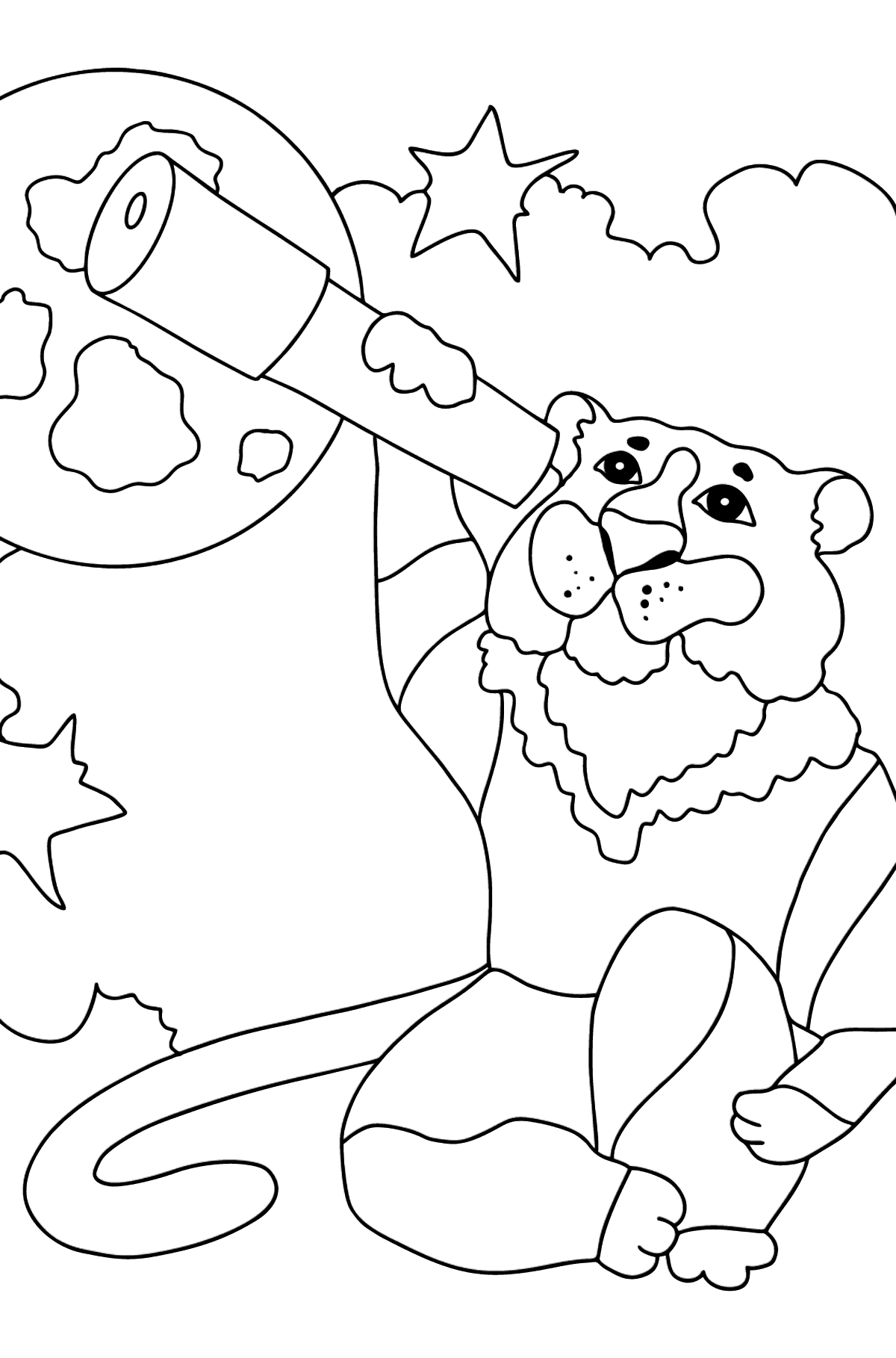 Coloring Page - A Tiger is Looking Through a Telescope - Coloring Pages for Kids