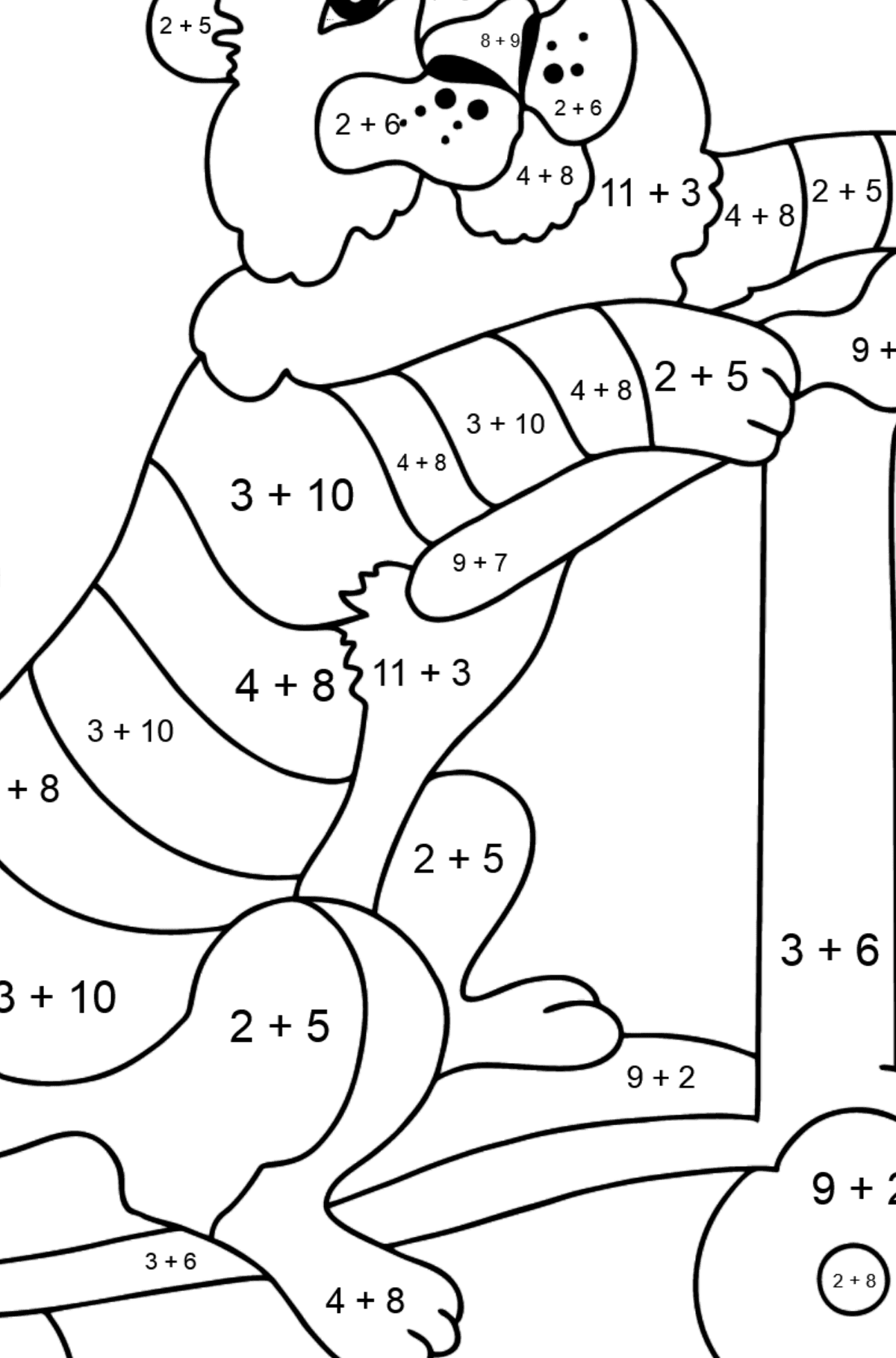 Ein Tiger zum Ausmalen auf einem ausgefallenen Roller - Mathe Ausmalbilder - Addition für Kinder