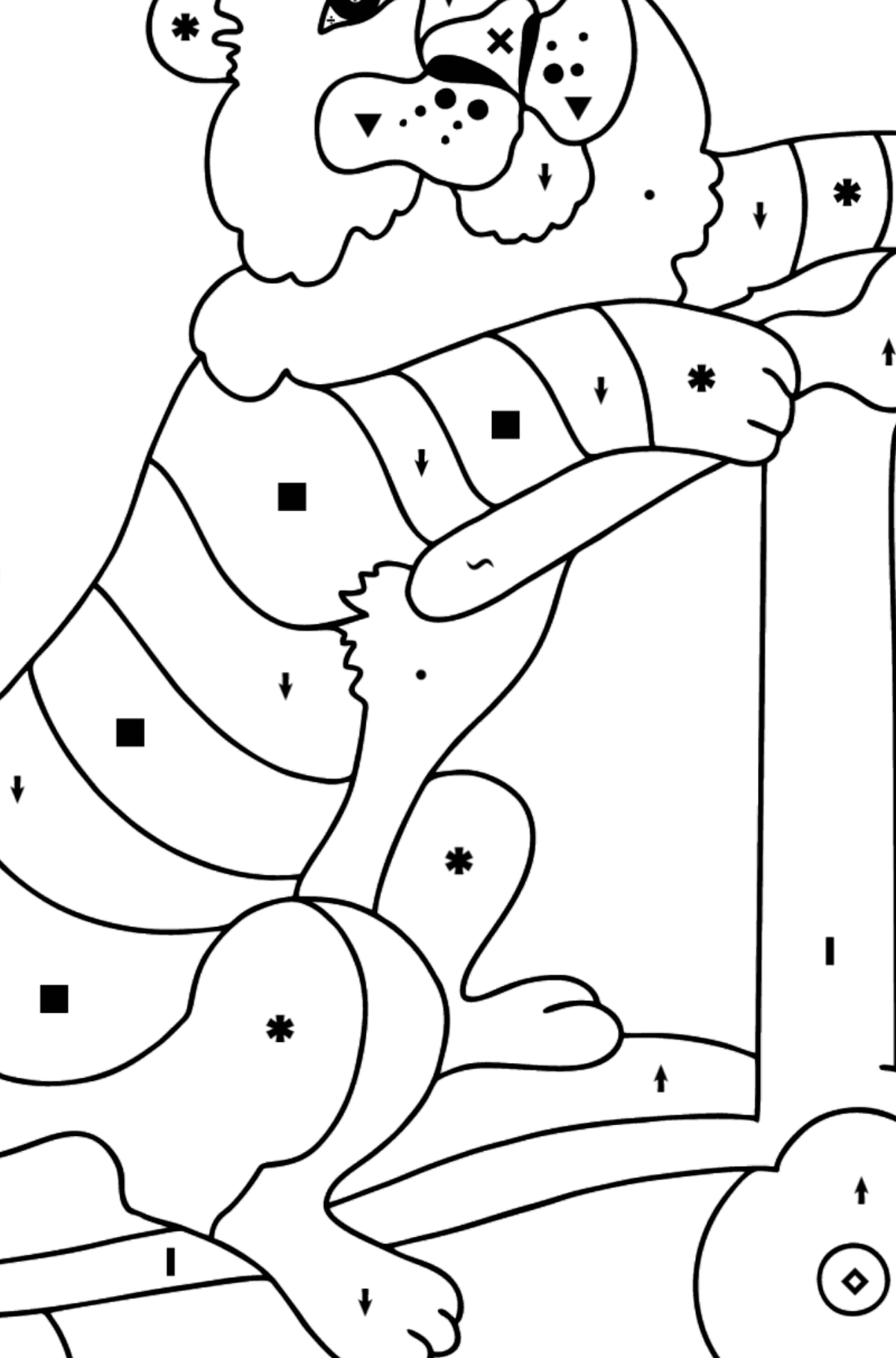 Kleurplaat grappige tijger (moeilijk) - Kleuren met symbolen voor kinderen