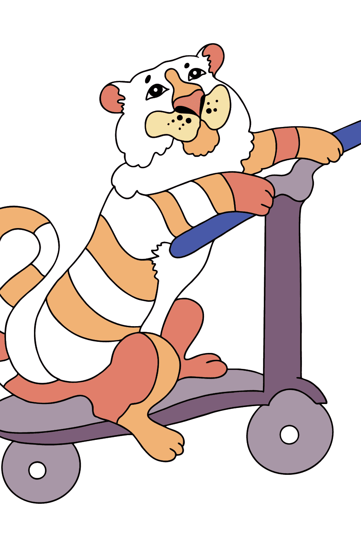 Ein Tiger zum Ausmalen auf einem ausgefallenen Roller - Malvorlagen für Kinder