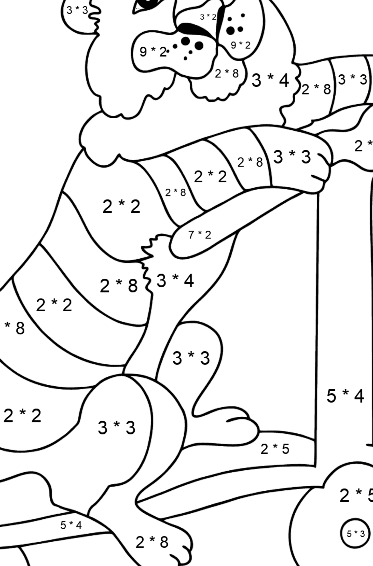 Ein Tiger zum Ausmalen auf einem ausgefallenen Roller - Mathe Ausmalbilder - Multiplikation für Kinder