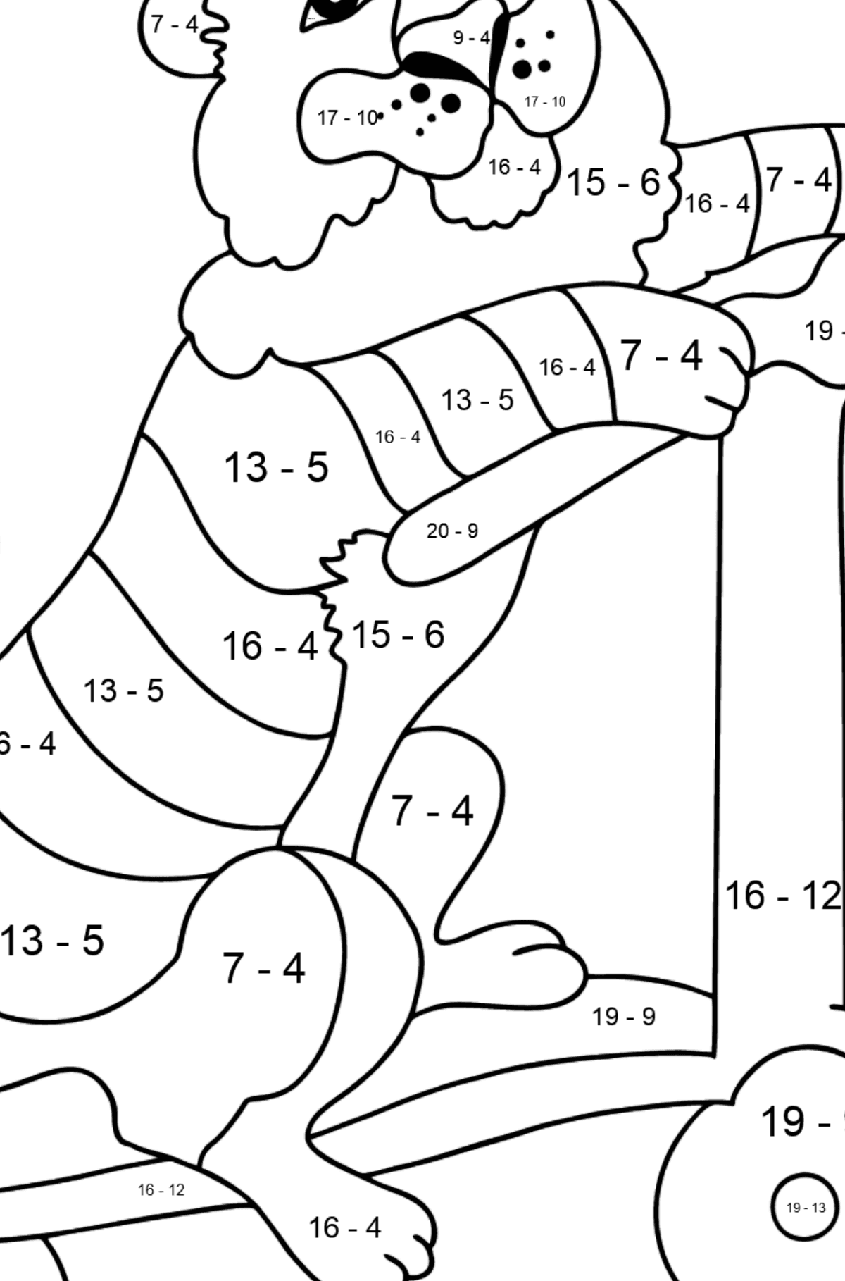 Ein Tiger zum Ausmalen auf einem ausgefallenen Roller - Mathe Ausmalbilder - Subtraktion für Kinder