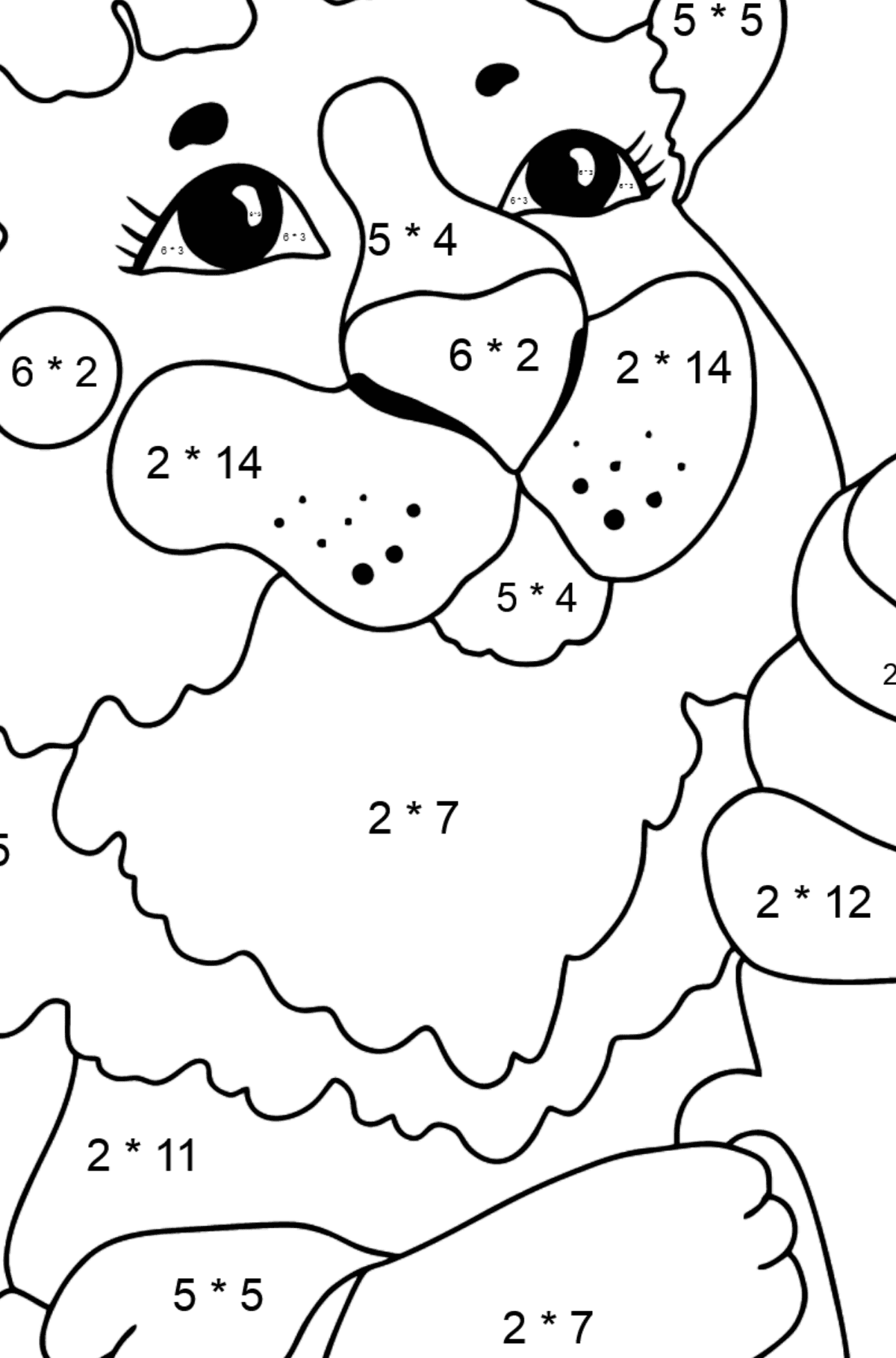 Tegning til fargelegging søt tiger (vanskelig) - Matematisk fargeleggingsside - multiplisering for barn