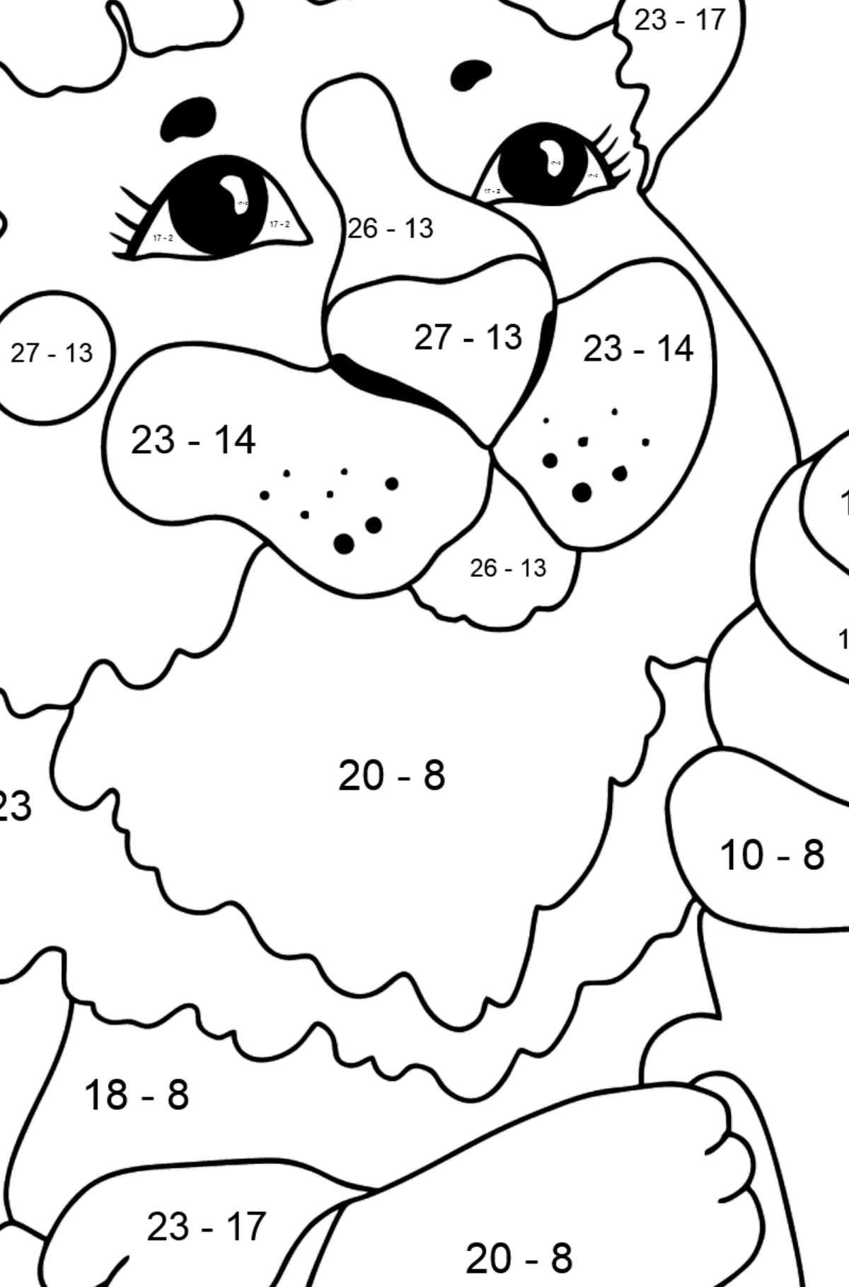 Tegning til fargelegging søt tiger (vanskelig) - Matematisk fargeleggingsside - trekking for barn