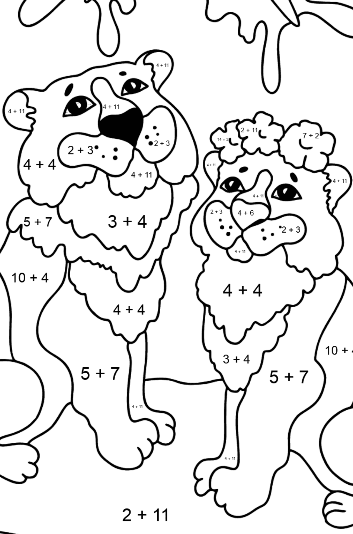 Värityskuva tiikeri ja tiikeri (vaikea) - Matemaattinen Väritys - Yhteenlasku lapsille