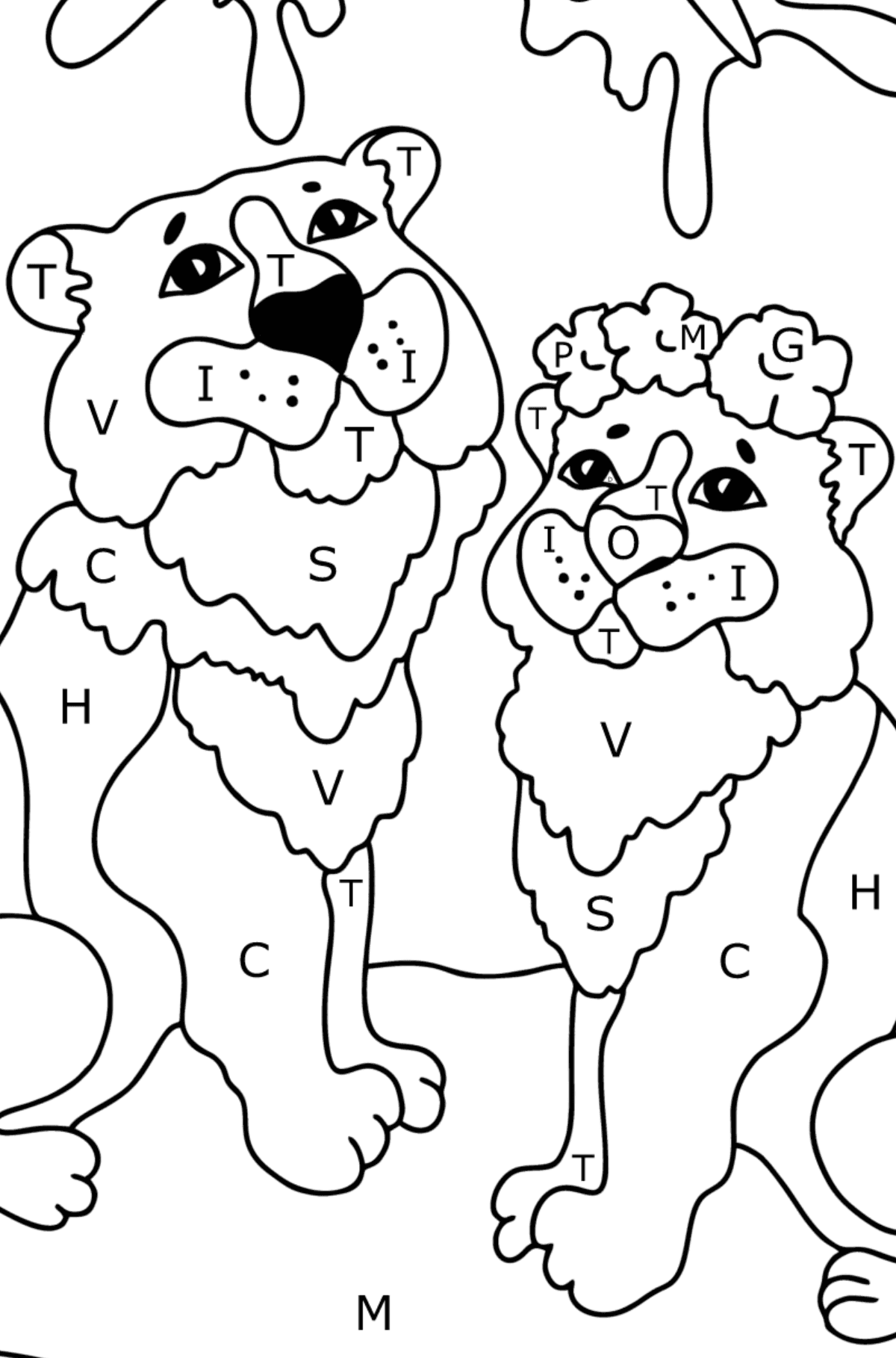 Värityskuva tiikeri ja tiikeri (vaikea) - Väritys Kirjaimien mukaan lapsille