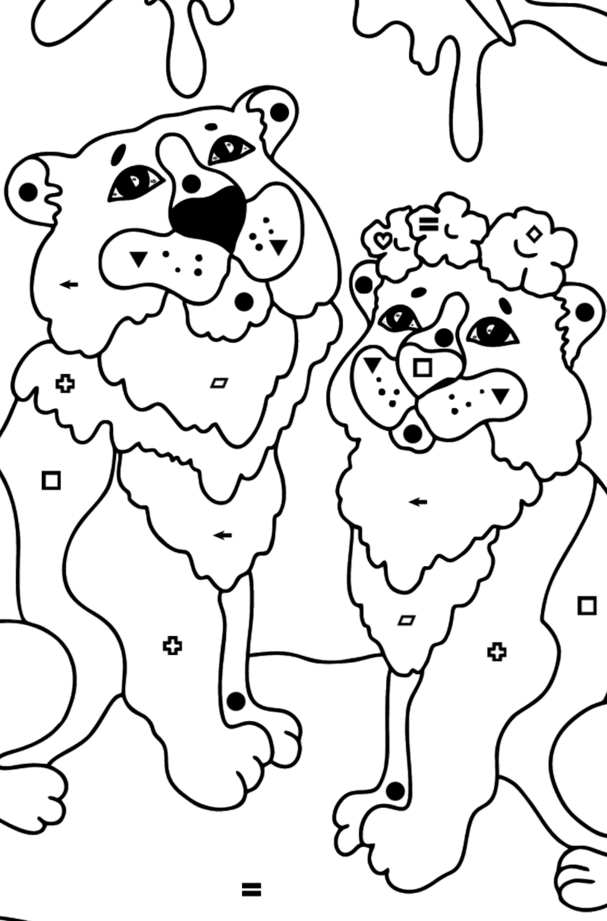 Tegning til fargelegging tiger og tiger (vanskelig) - Fargelegge etter symboler og geometriske former for barn