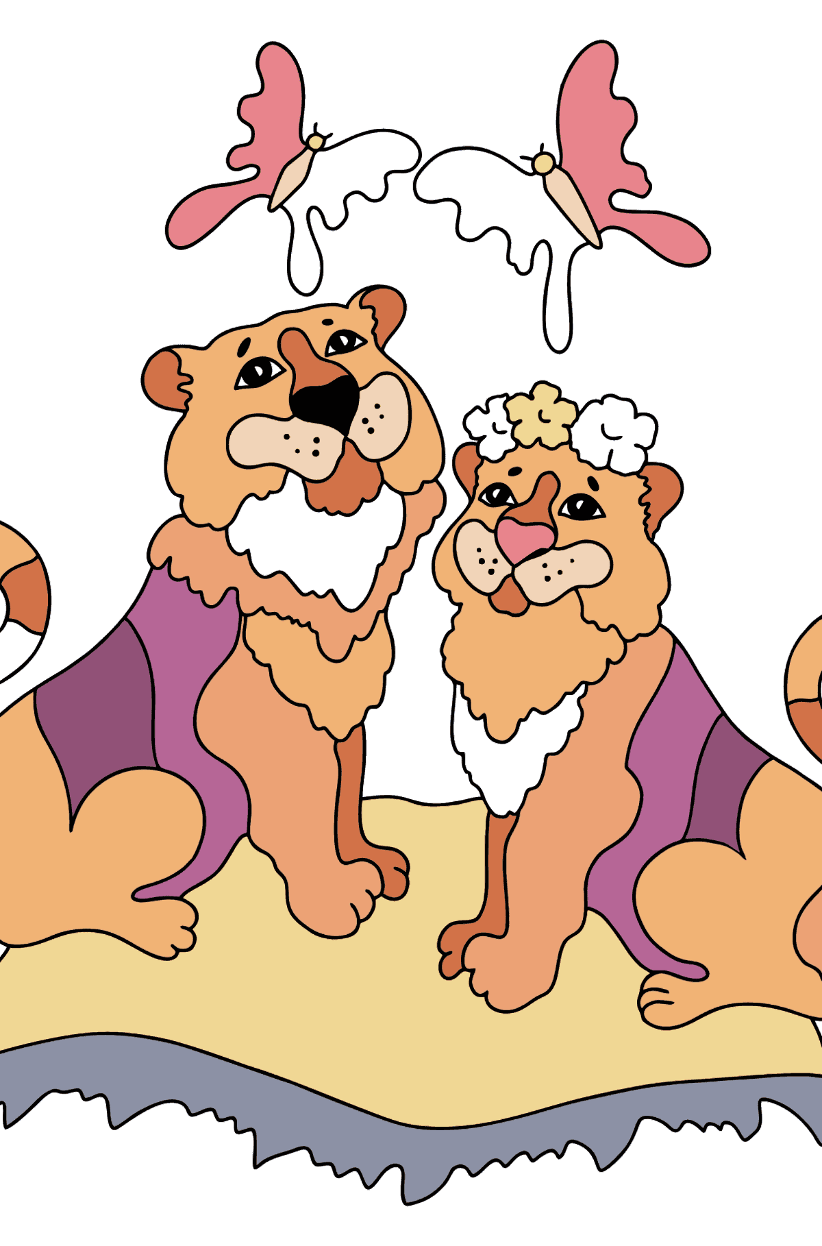 Coloring Page - Tigers on a Magic Carpet - Coloring Pages for Kids