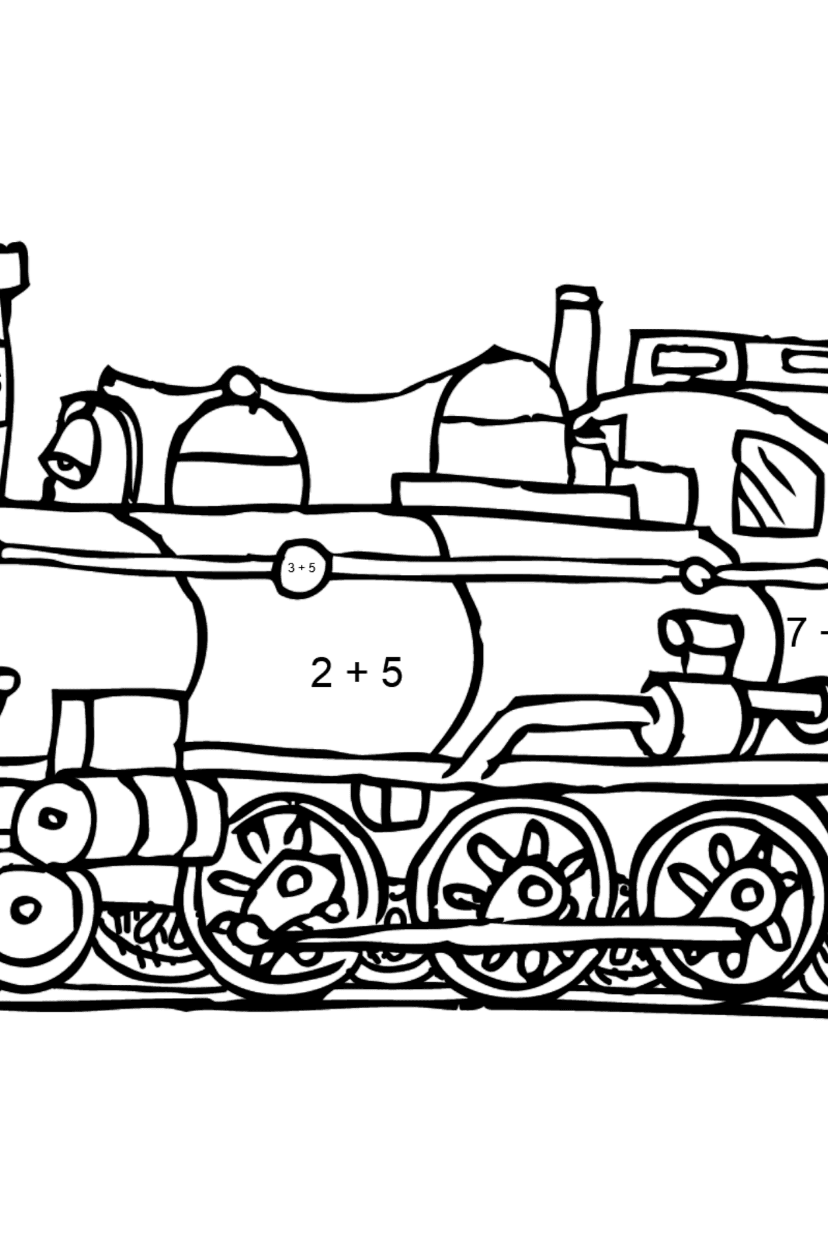 Tegning til fargelegging lokomotiv - Matematisk fargeleggingsside - addisjon for barn