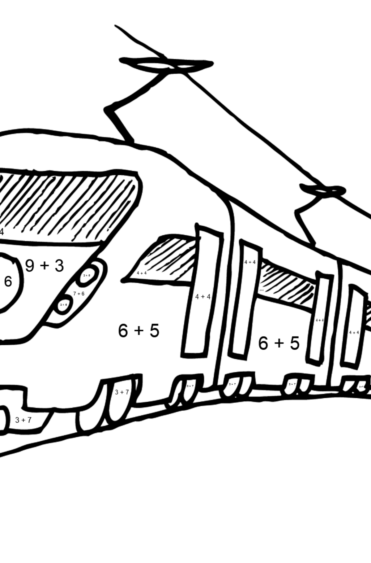 Dibujo para Colorear de Tren de Pasajeros - Colorear con Matemáticas - Sumas para Niños
