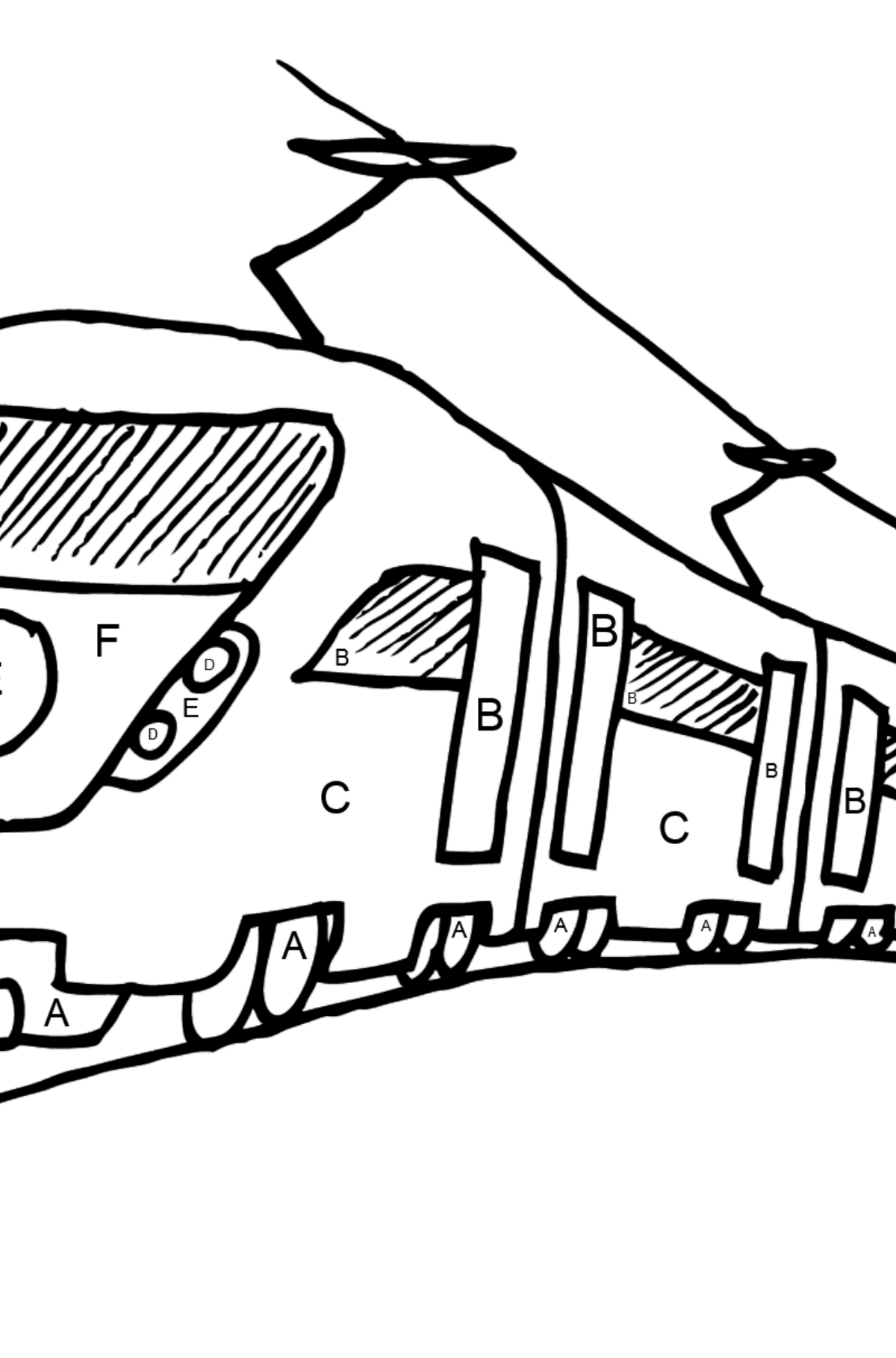 Malvorlage Zug Personenzug - Ausmalen nach Buchstaben für Kinder