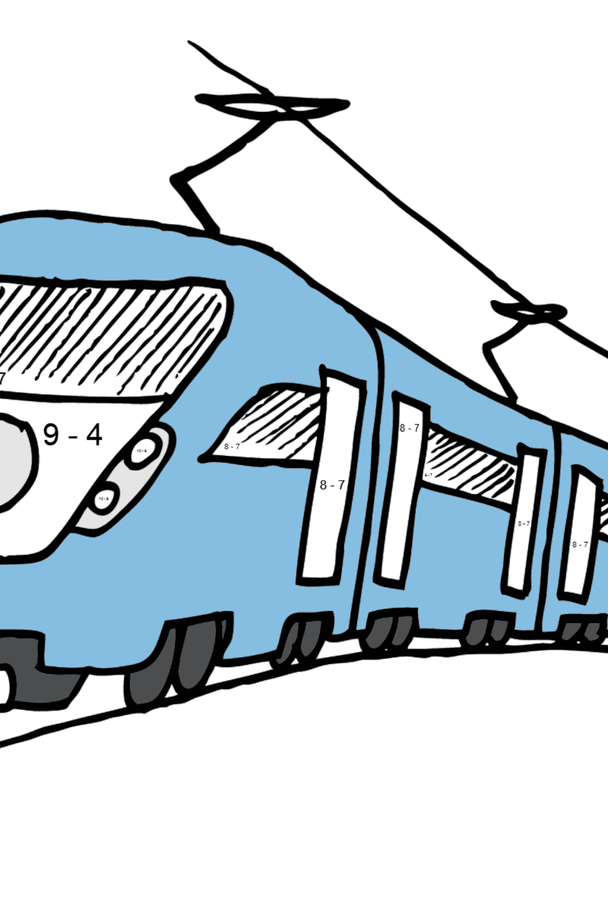 Dibujo para Colorear de Tren de Pasajeros - Colorear con Matemáticas - Restas para Niños