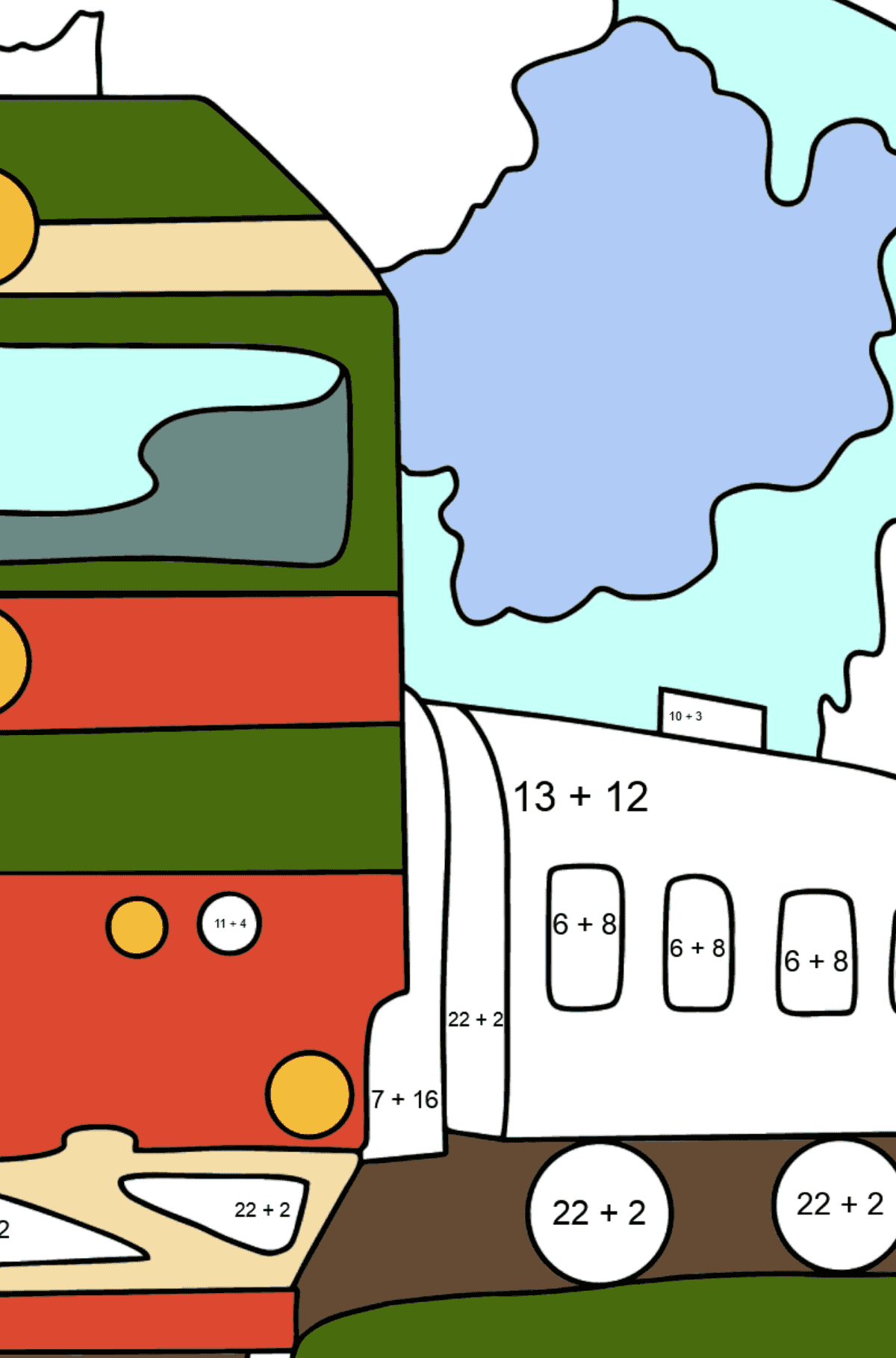 Раскраска поезд с вагонами - На Сложение для Детей