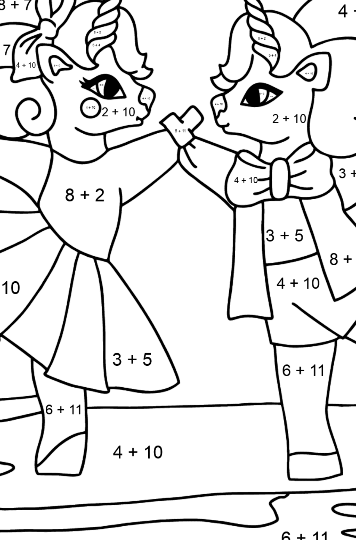 Kifestő aranyos unikornisok - Matematikai színezés - összeadás gyerekeknek