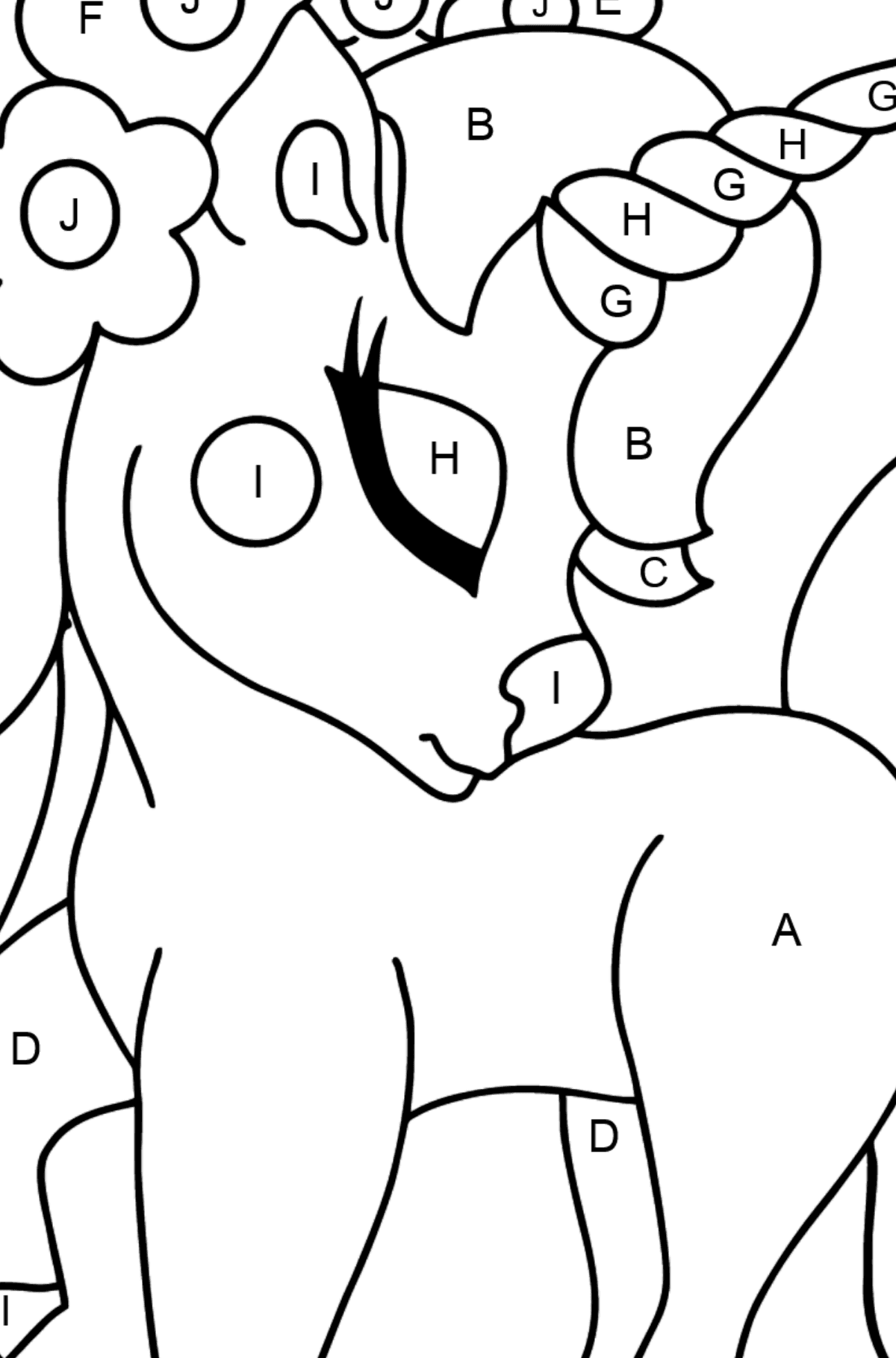 Dibujo para colorear de unicornio tierno - Colorear por Letras para Niños