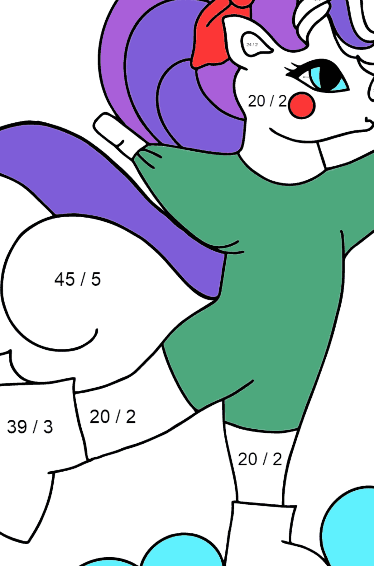 Dibujo para colorear unicornio alegre - Colorear con Matemáticas - Divisiones para Niños