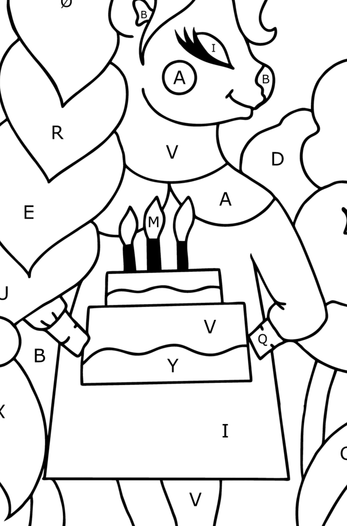 Tegning til fargelegging bursdag enhjørning - Fargelegge etter bokstaver for barn