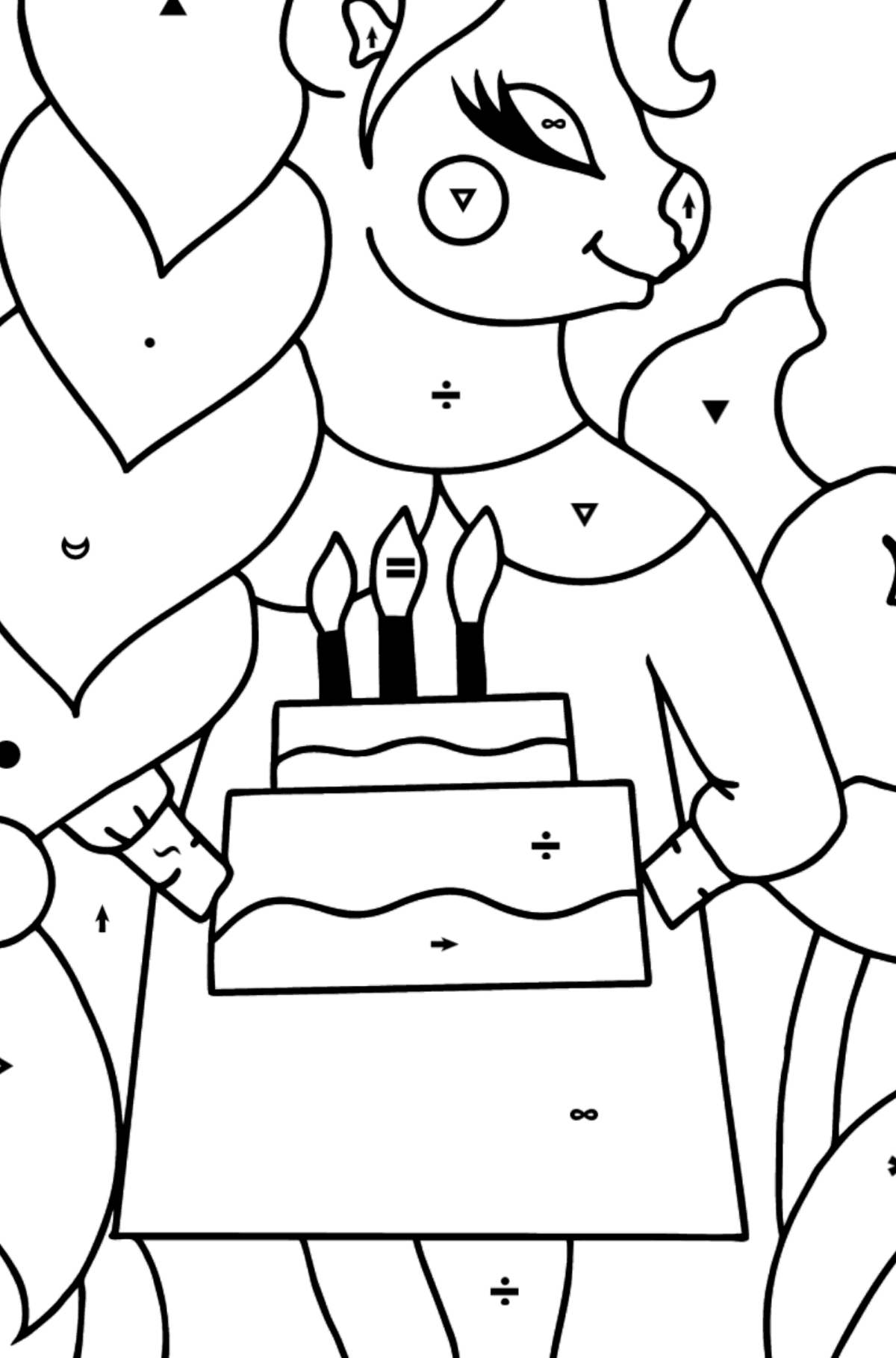 Boyama sayfası doğum günü tek boynuzlu at - Sembollerle Boyama çocuklar için
