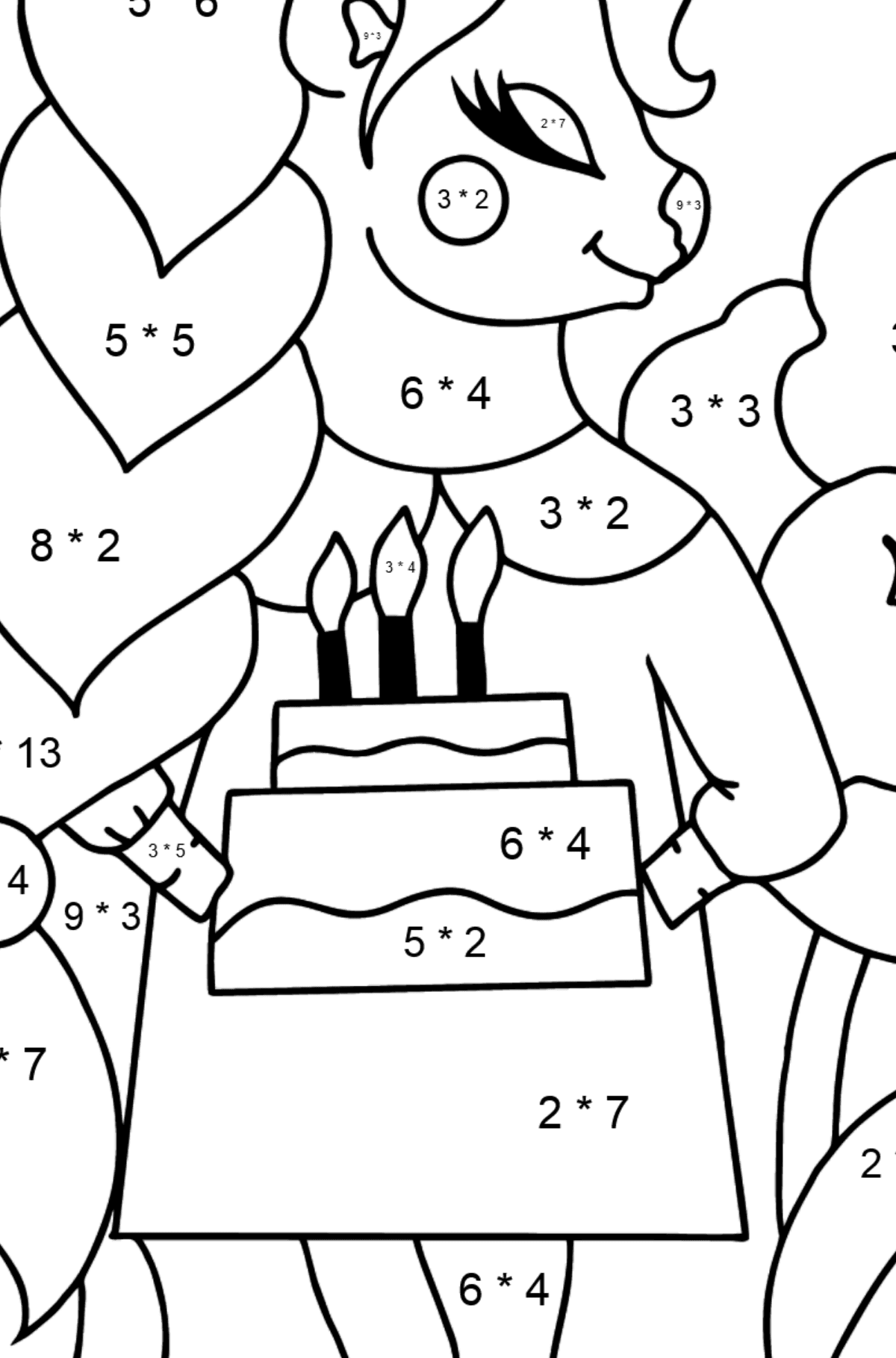 Värityskuva syntymäpäivä yksisarvinen - Matemaattinen Värityskirja - Kertolasku lapsille