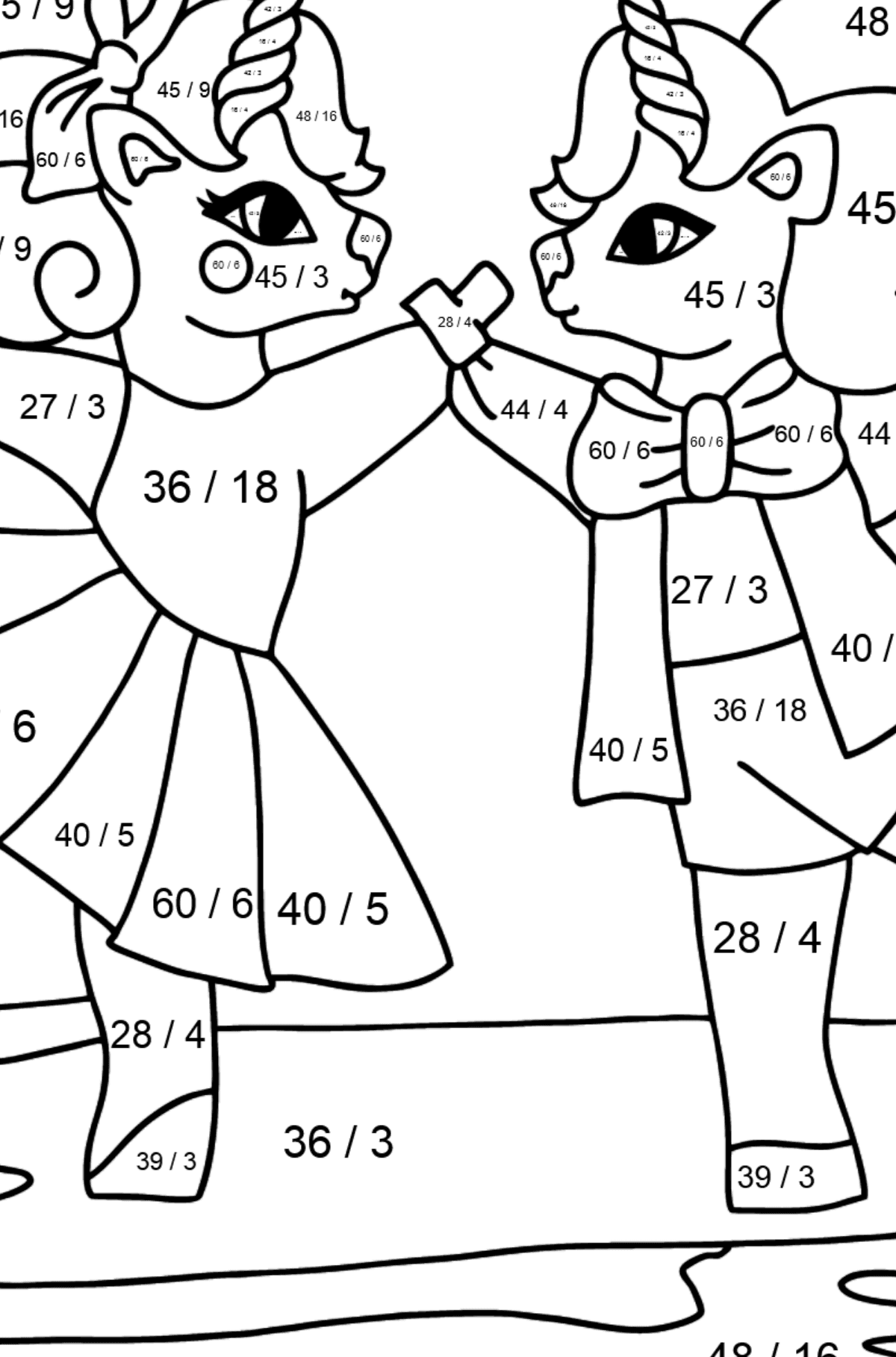 Kifestő aranyos unikornisok (bonyolult) - Matematikai színezés - osztály gyerekeknek
