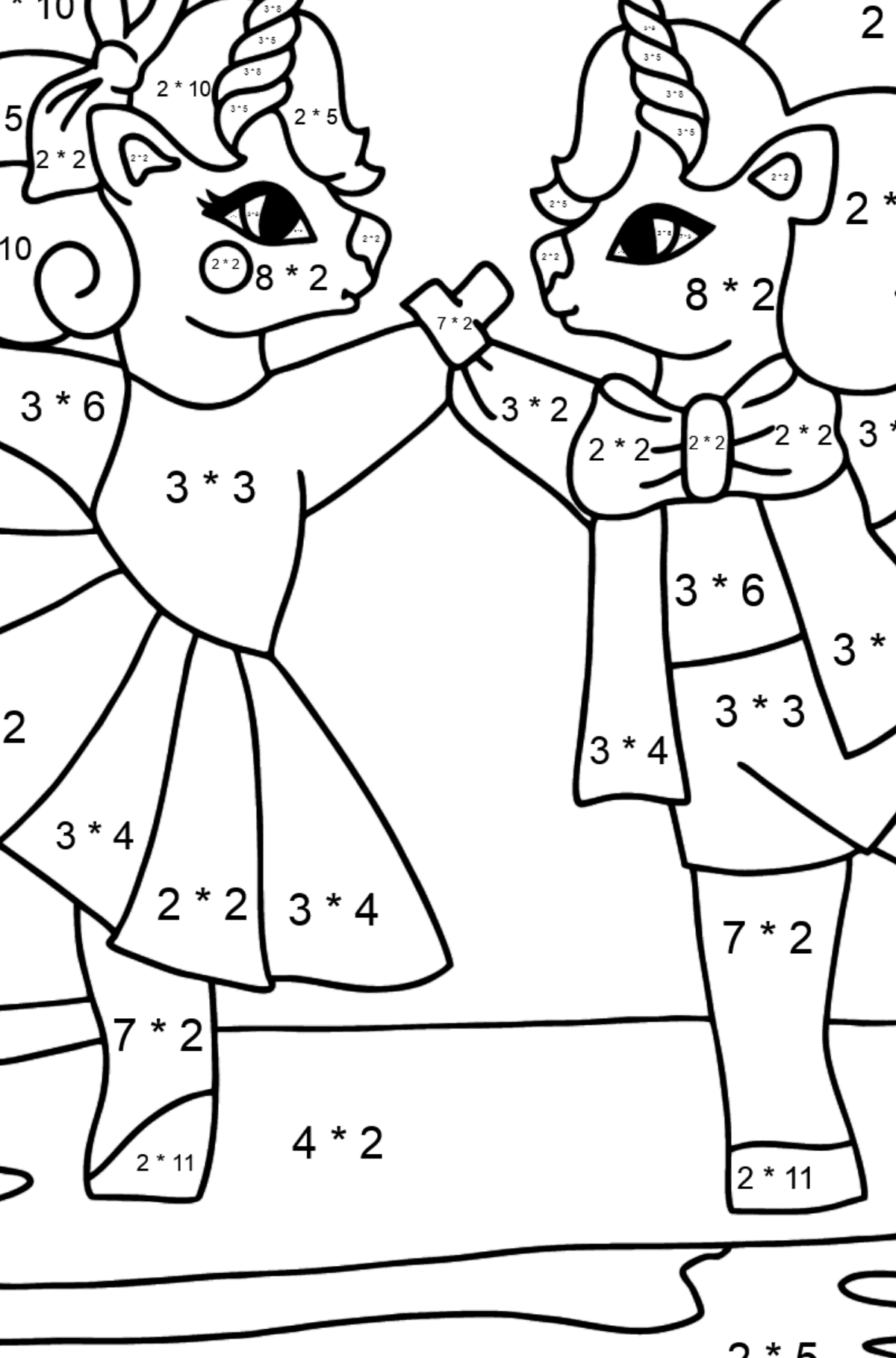 Kifestő aranyos unikornisok (bonyolult) - Matematikai színezés - szorzás gyerekeknek