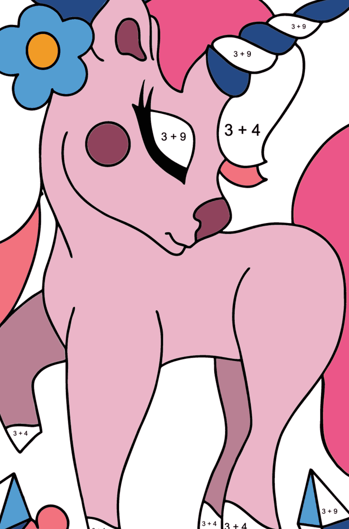 Kifestő álmodozó egyszarvú (bonyolult) - Matematikai színezés - összeadás gyerekeknek