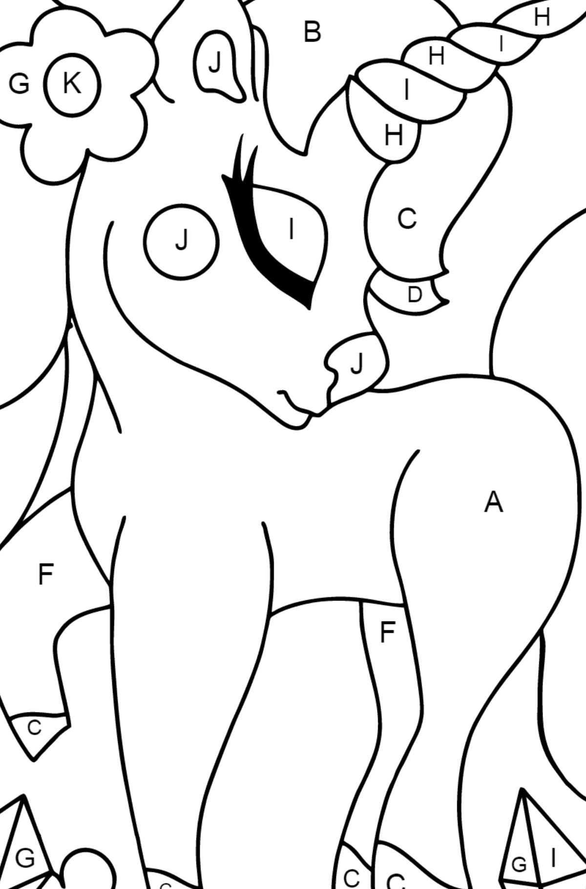 Coloriage princesse licorne (difficile) - Coloriage par Lettres pour les Enfants