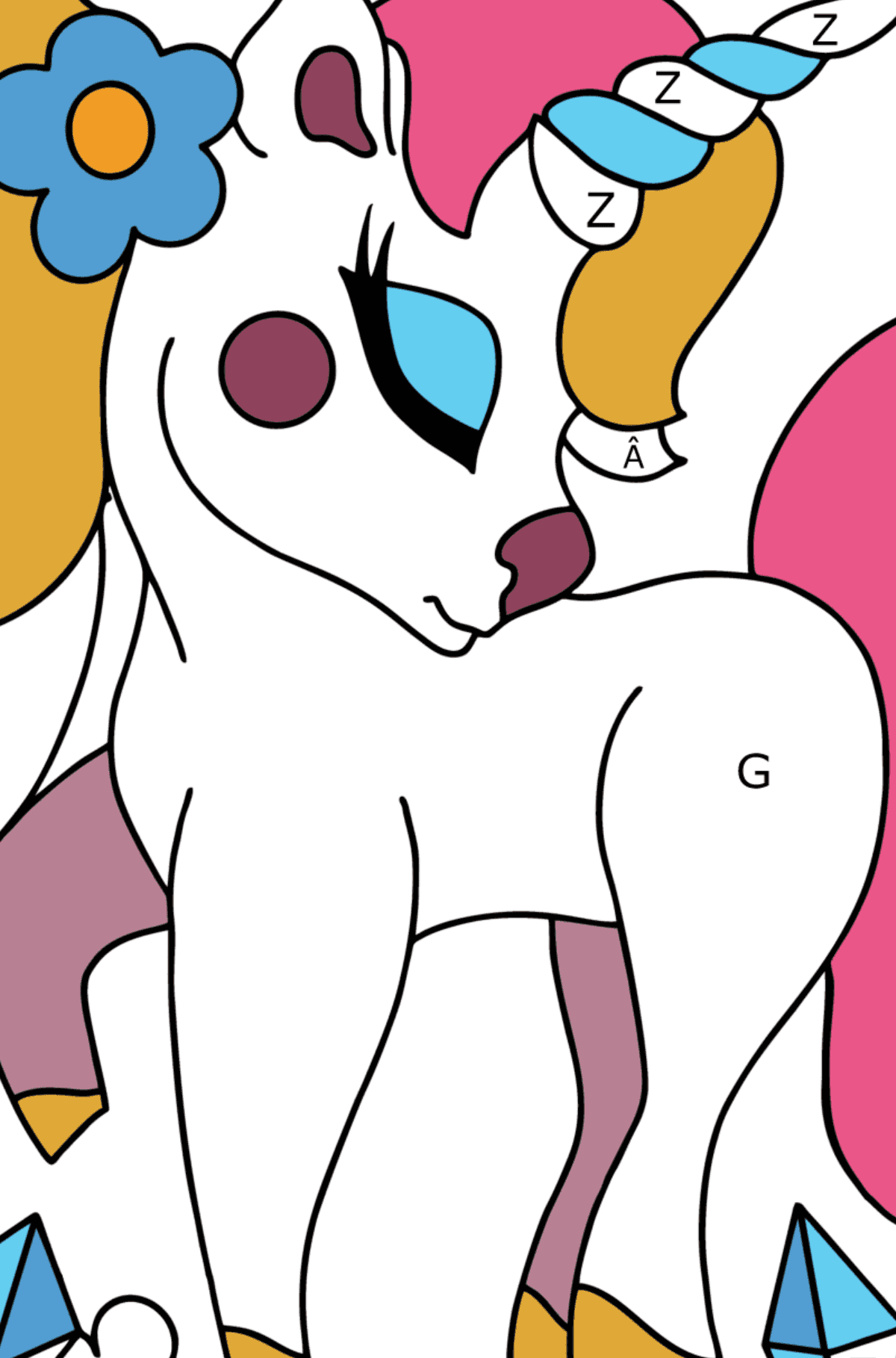 Desen de colorat unicorn visător (dificil) - Desen de colorat după Literă pentru copii