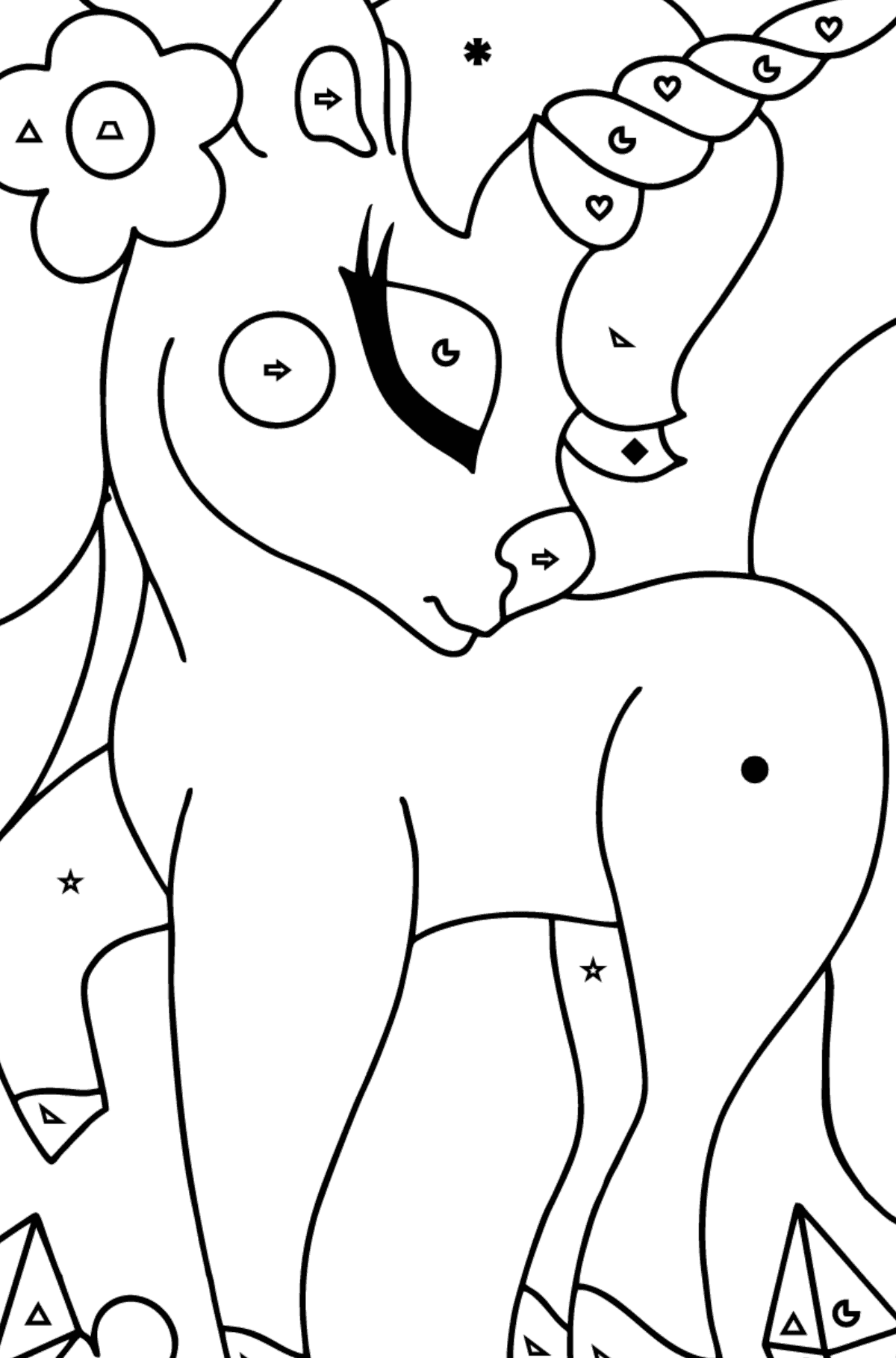 Charming Unicorn Coloring Page - Coloring by Symbols and Geometric Shapes for Kids