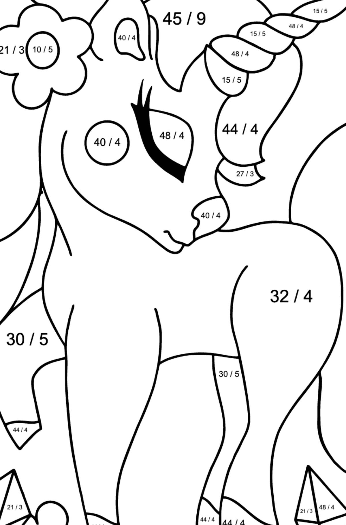 Charming Unicorn Coloring Page - Math Coloring - Division for Kids
