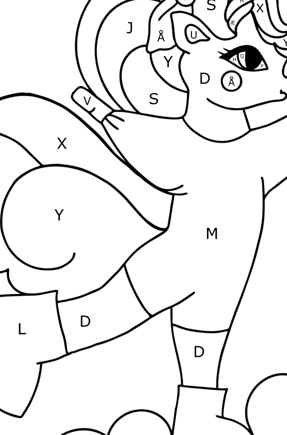 Tegning til fargelegging søtnos enhjørning (vanskelig) - Fargelegge etter bokstaver for barn