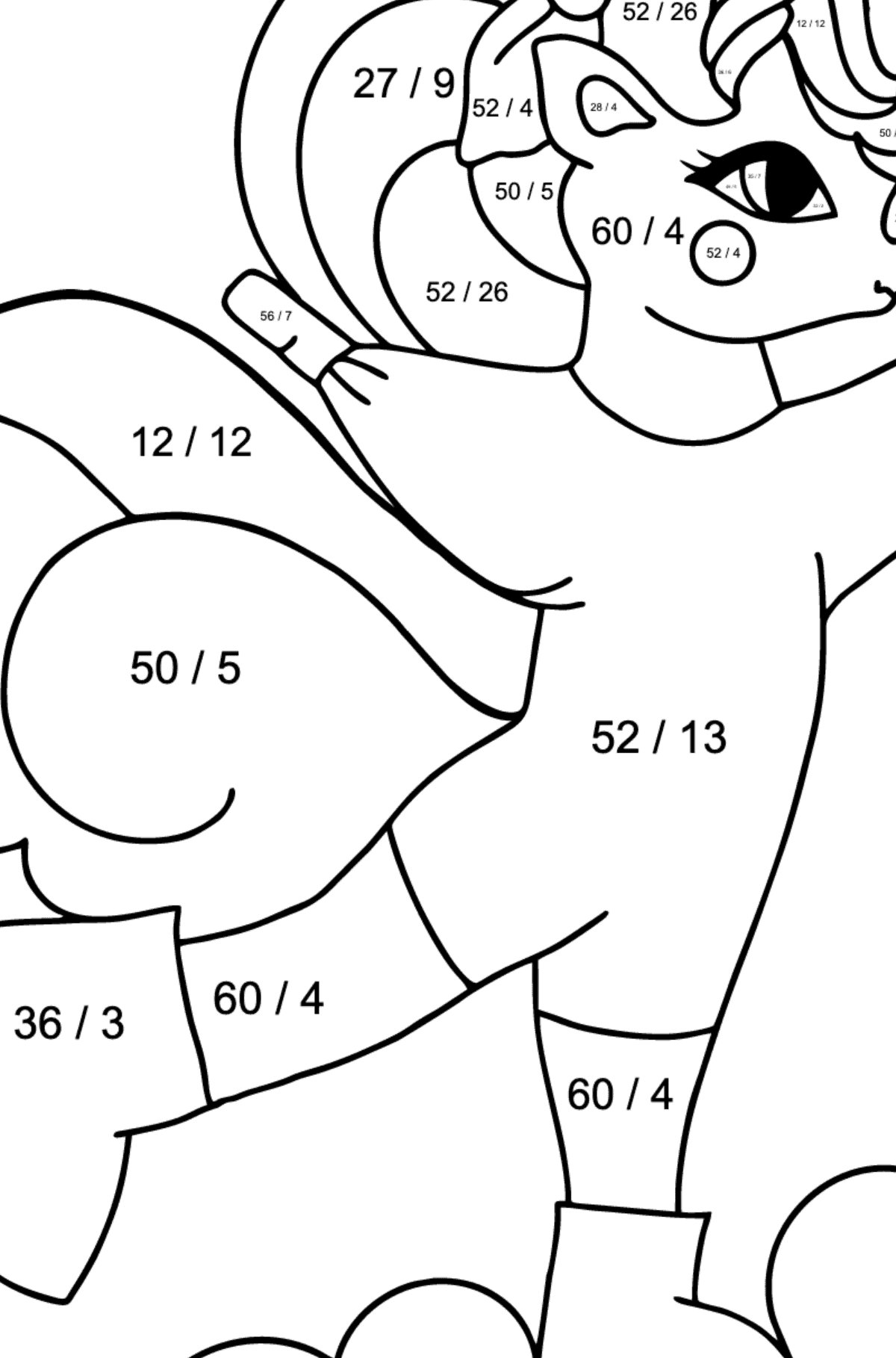 Coloring page funny Unicorn - Math Coloring - Division for Kids