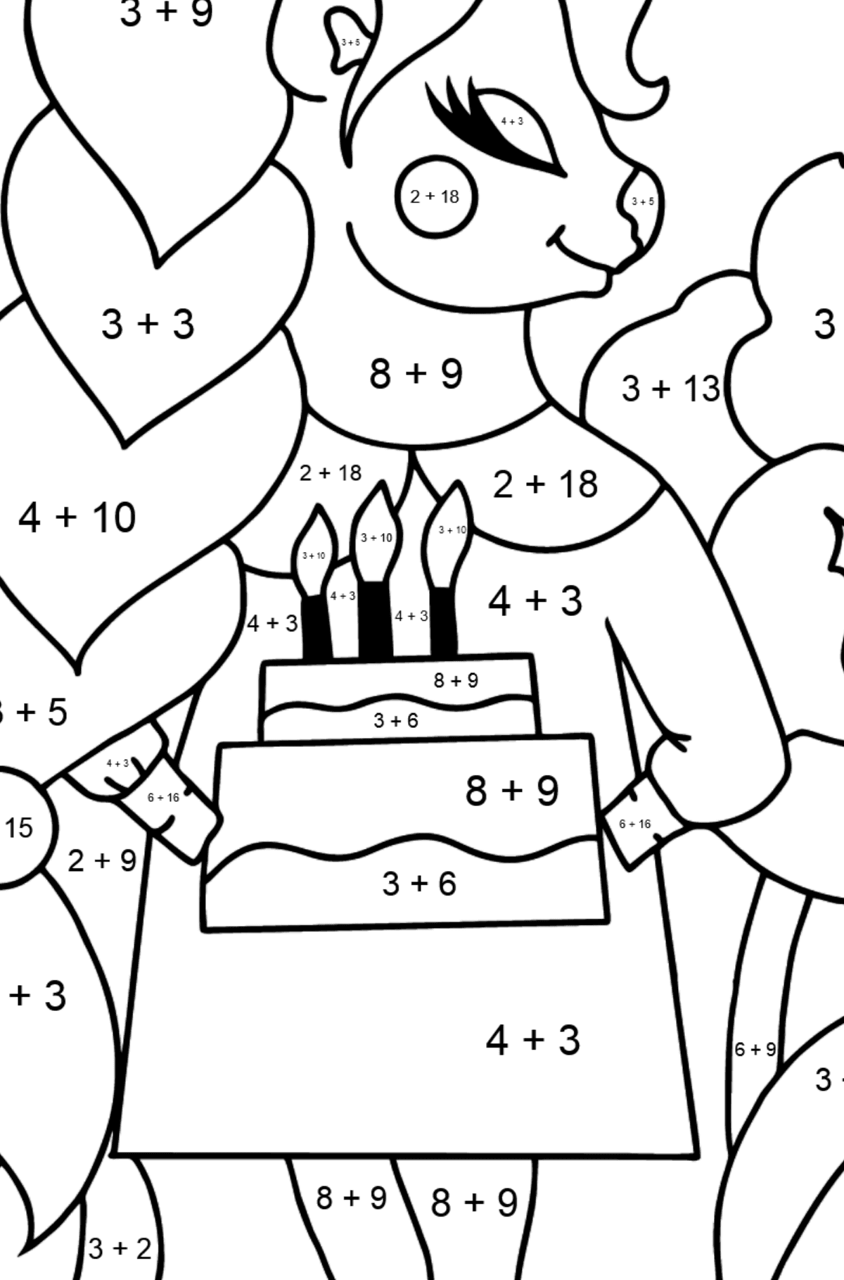 Värityskuva syntymäpäivä yksisarvinen (vaikea) - Matemaattinen Väritys - Yhteenlasku lapsille