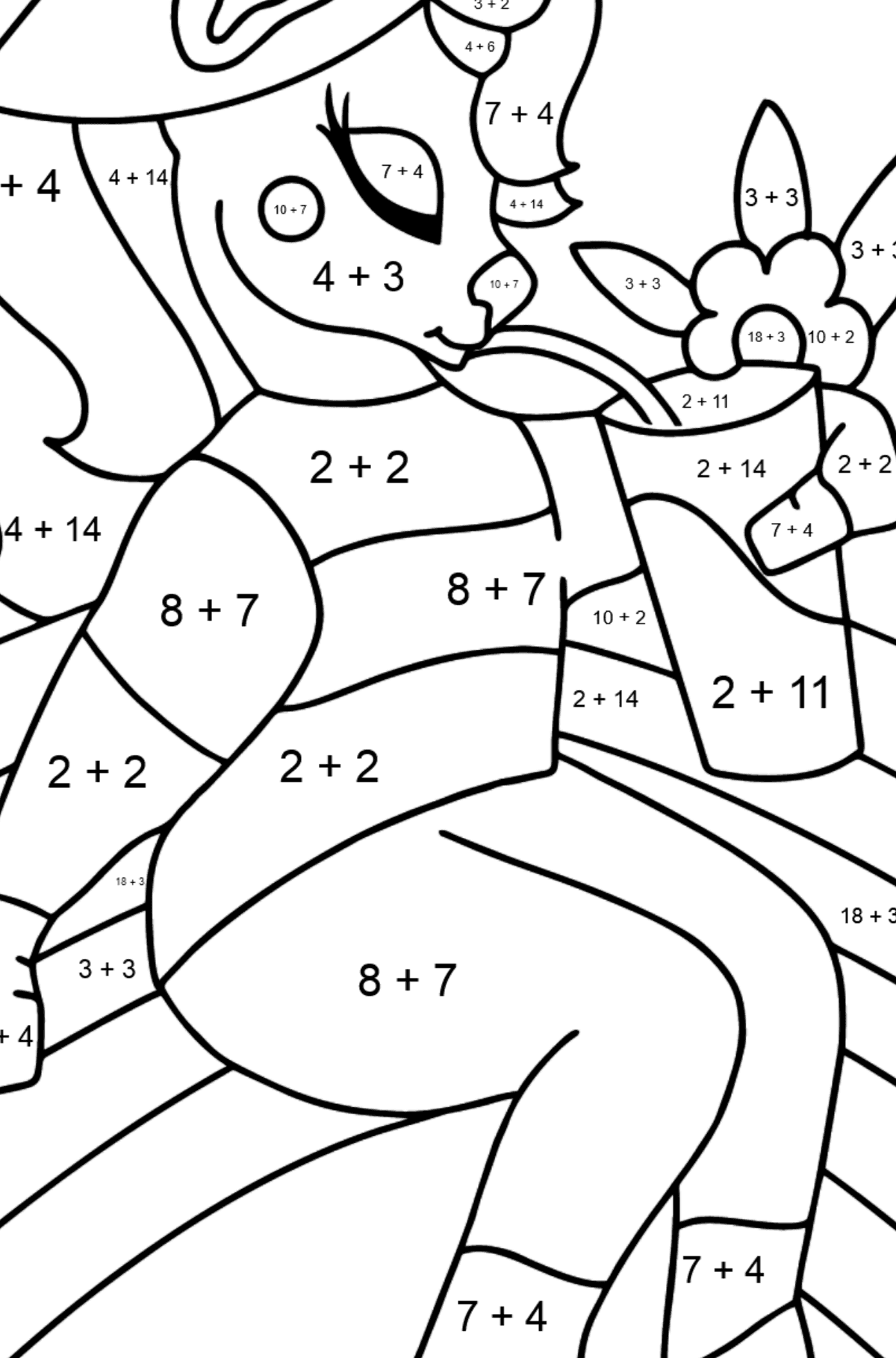 Värityskuva sateenkaari yksisarvinen (vaikea) - Matemaattinen Väritys - Yhteenlasku lapsille