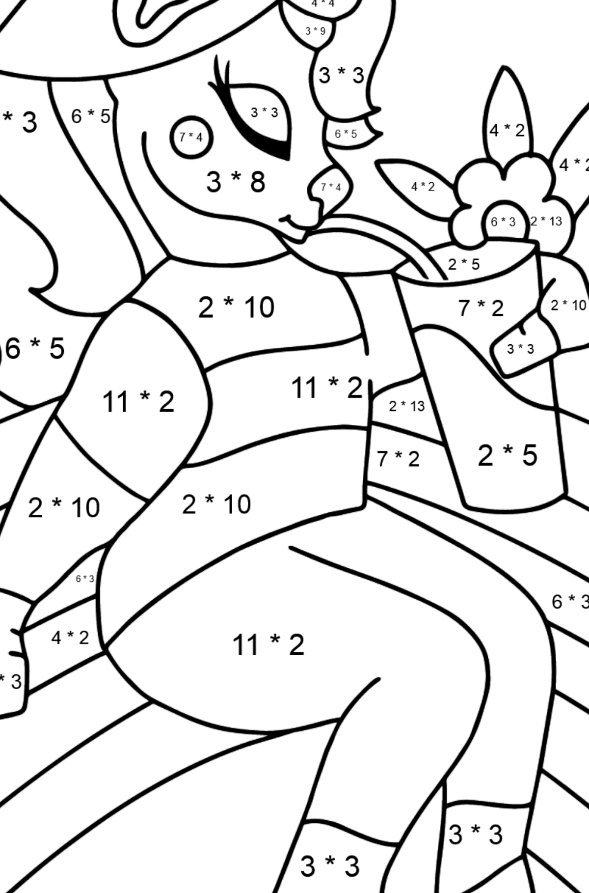 Värityskuva sateenkaari yksisarvinen (vaikea) - Matemaattinen Värityskirja - Kertolasku lapsille