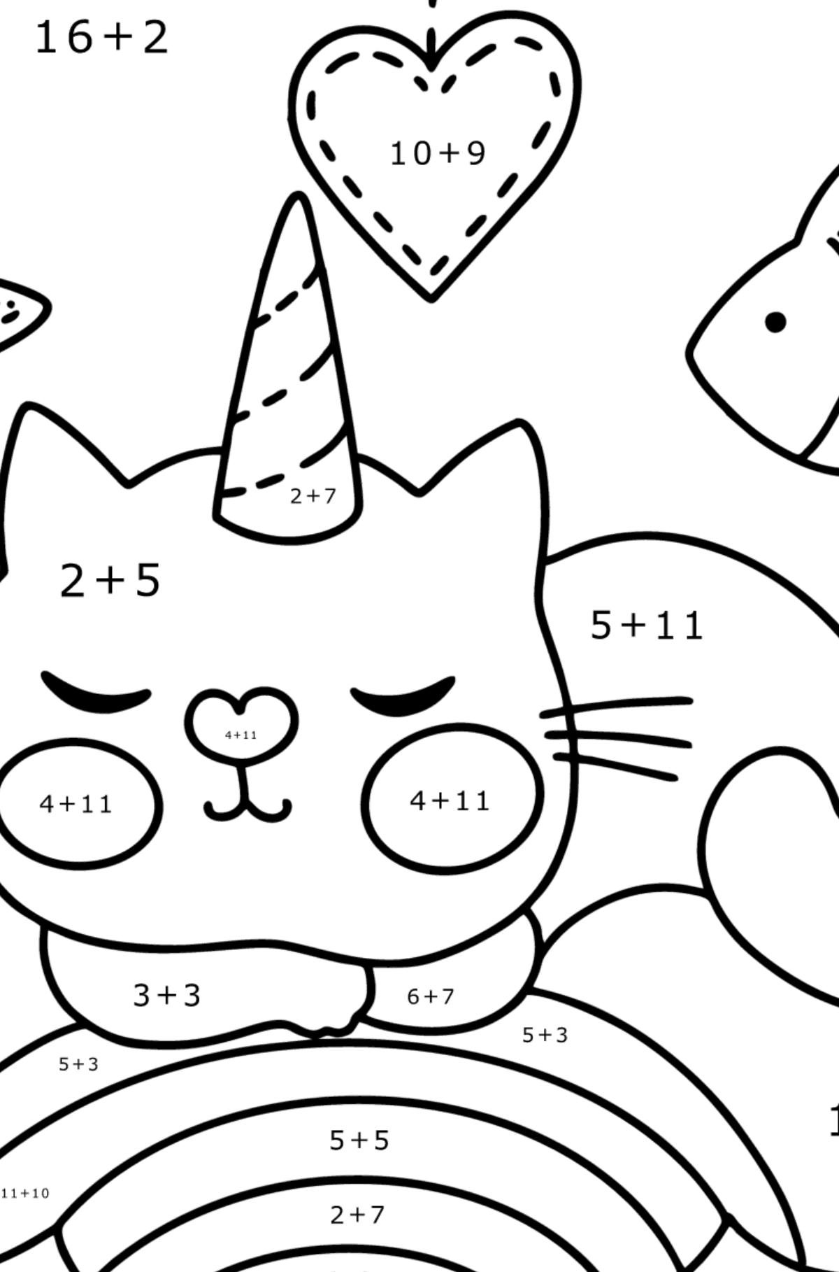 Dibujo de Precioso Gato Unicornio para colorear - Colorear con Matemáticas - Sumas para Niños