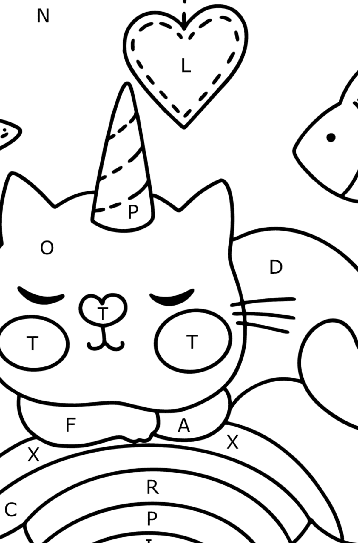 Dibujo de Precioso Gato Unicornio para colorear - Colorear por Letras para Niños