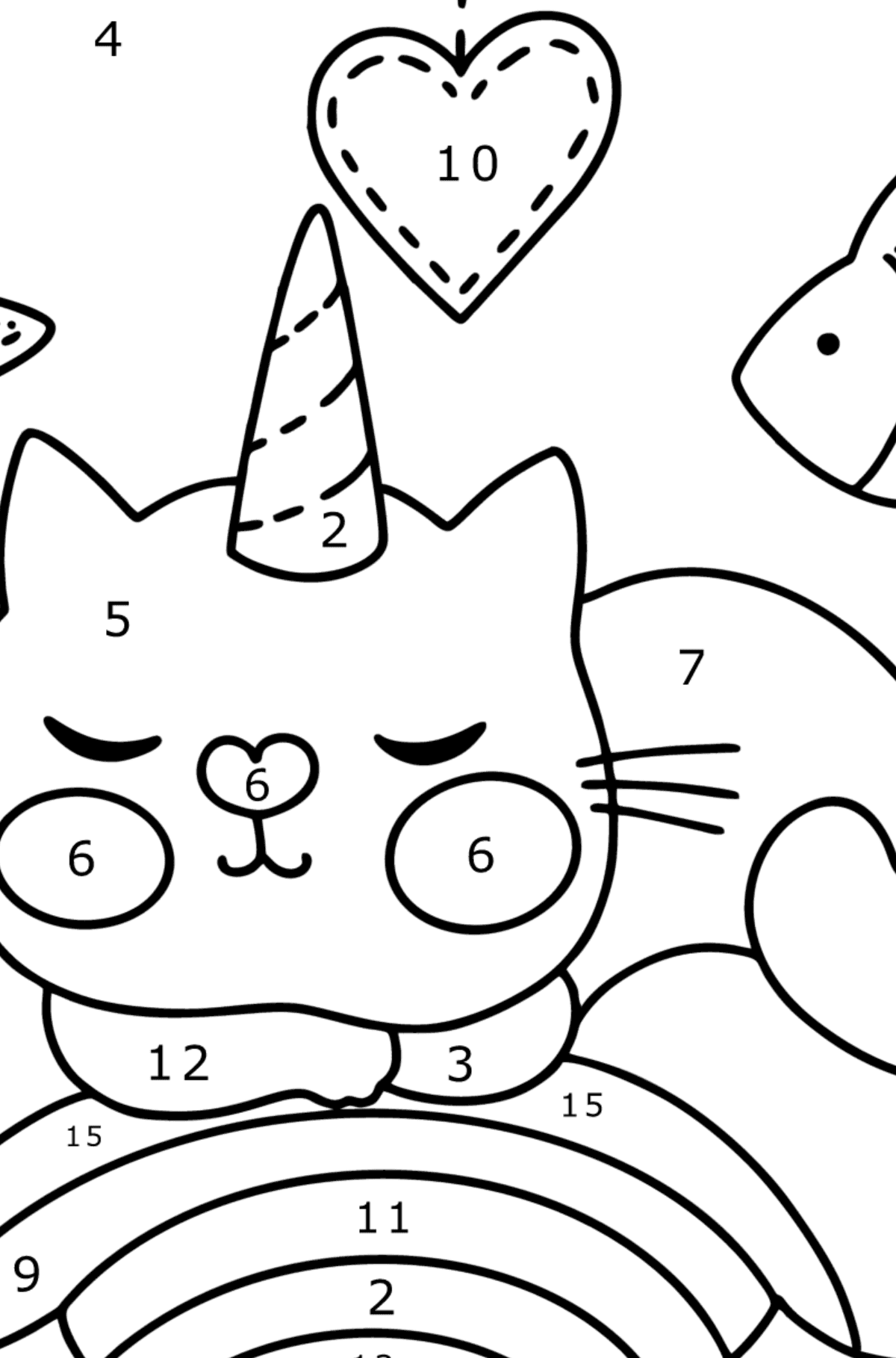 Dibujo de Precioso Gato Unicornio para colorear - Colorear por Números para Niños