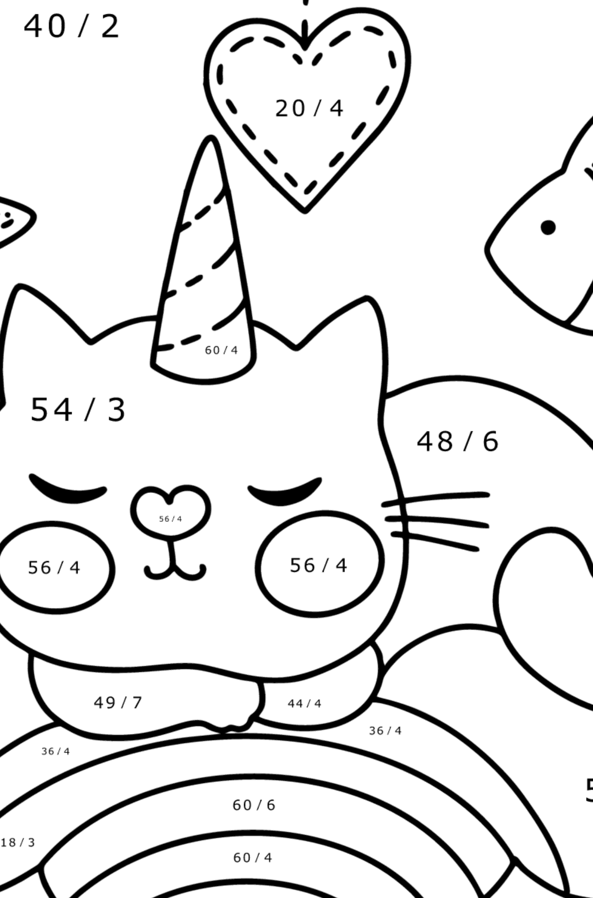 Värityskuva söpö yksisarvinen kissa - Matemaattinen Värityslasku - Jakolasku lapsille