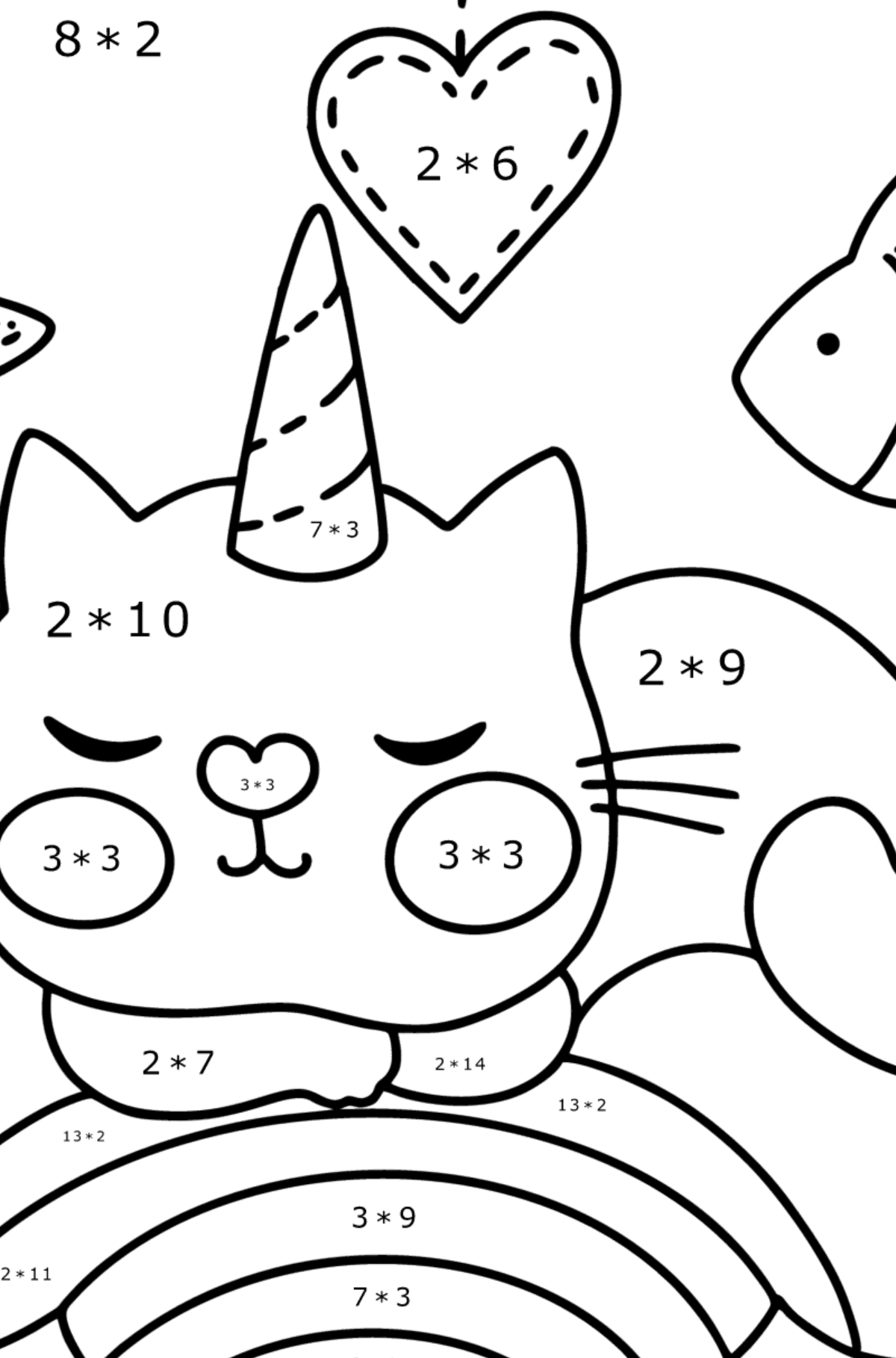 Dibujo de Precioso Gato Unicornio para colorear - Colorear con Matemáticas - Multiplicaciones para Niños