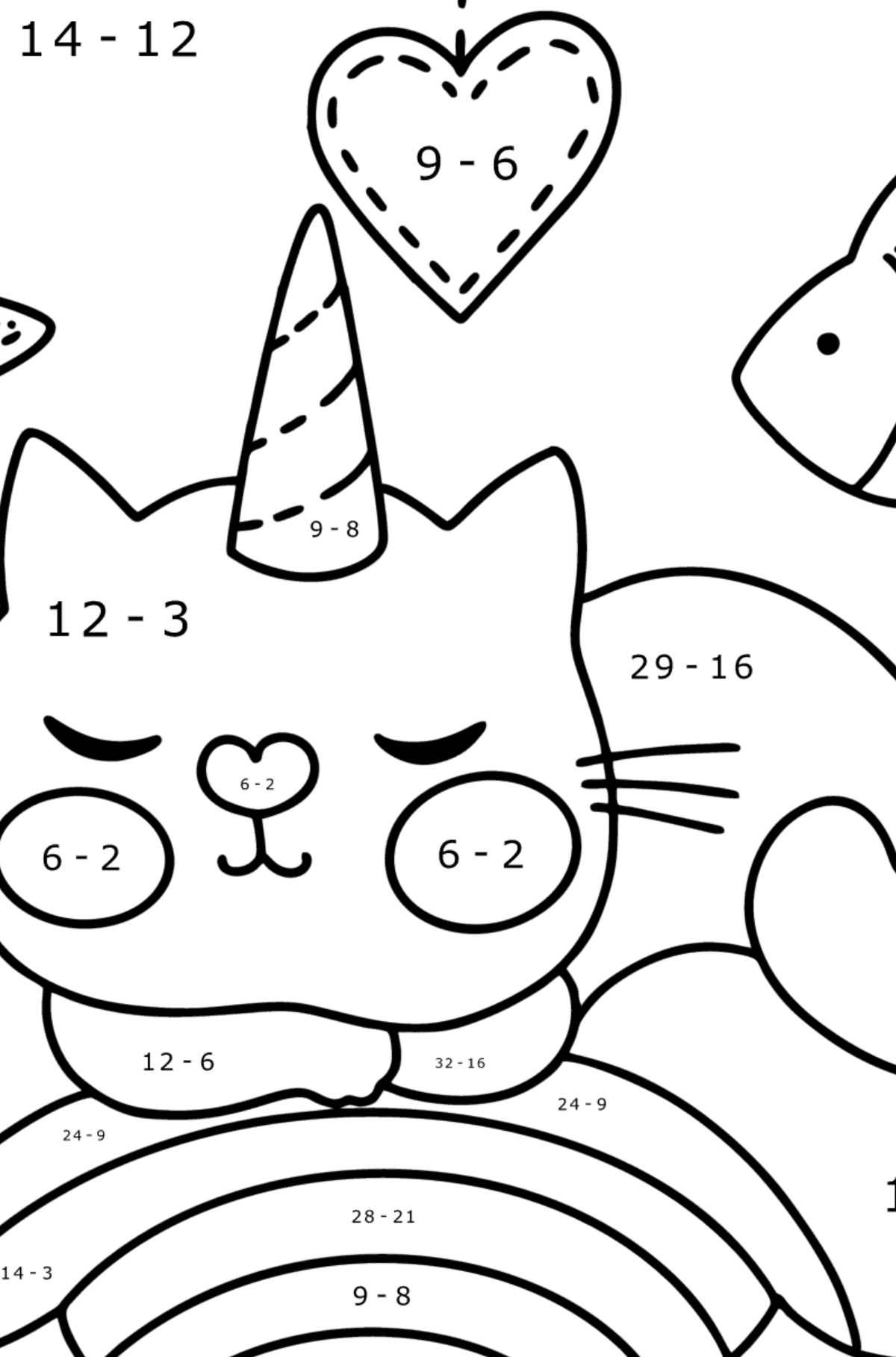 Dibujo de Precioso Gato Unicornio para colorear - Colorear con Matemáticas - Restas para Niños