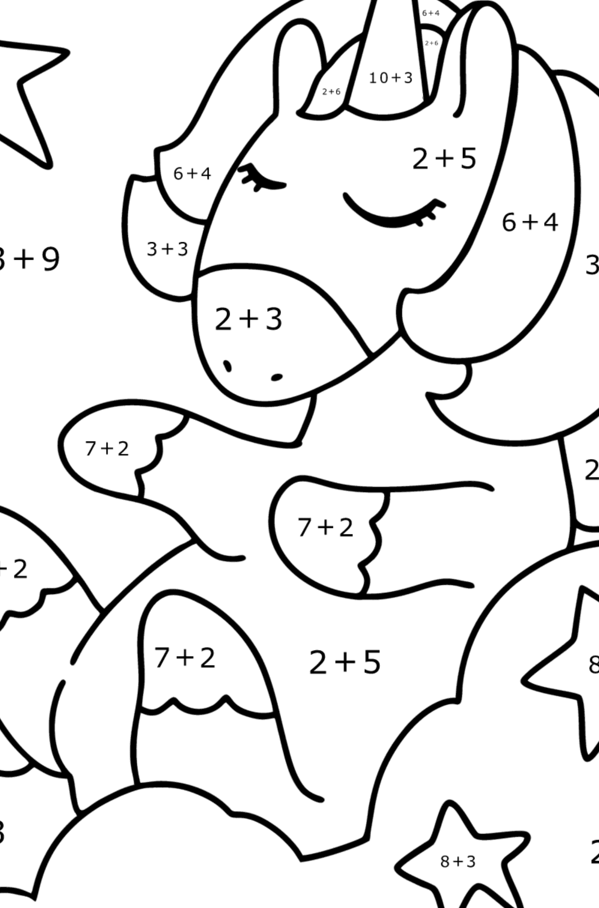 Omalovánka legrační jednorožec - Matematická Omalovánka - Sčítání pro děti