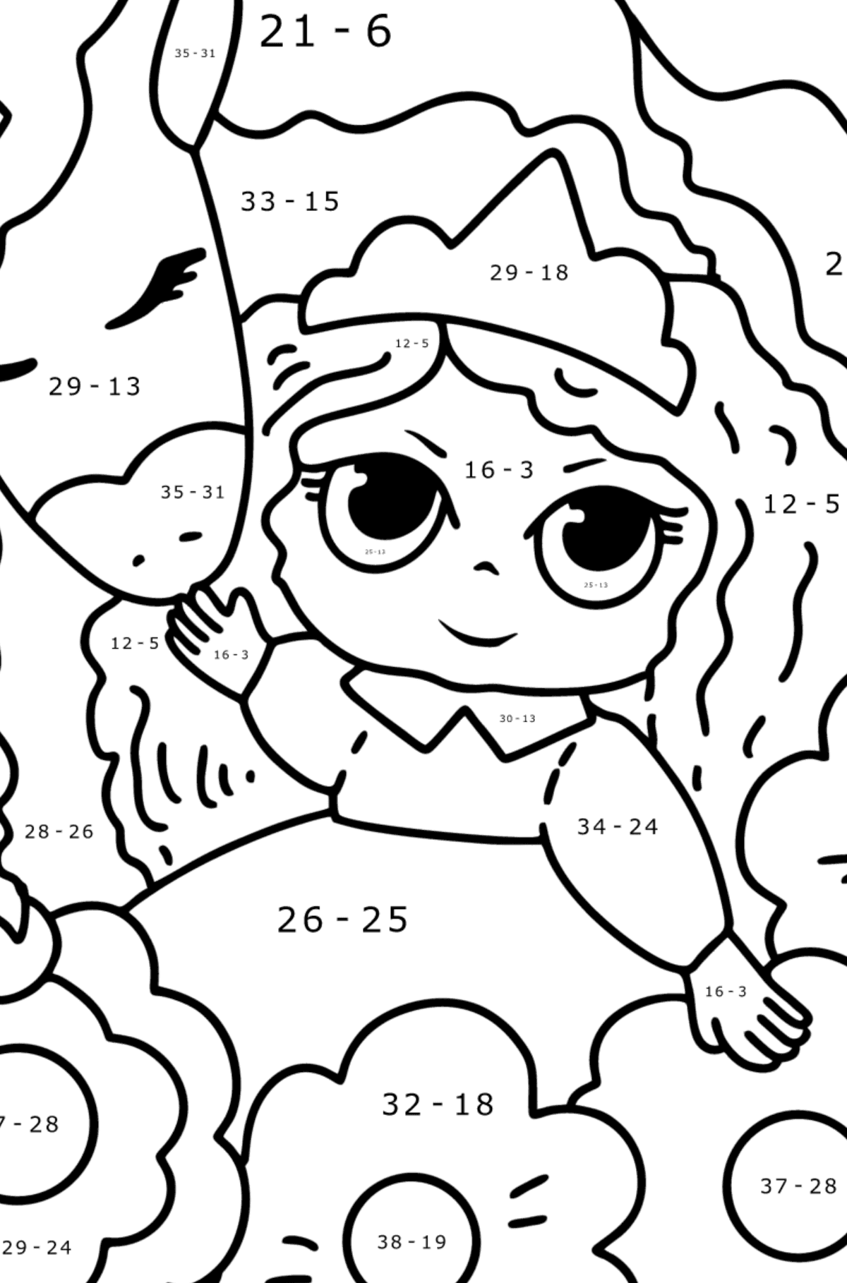 Magical unicorn and princess coloring page - Math Coloring - Subtraction for Kids